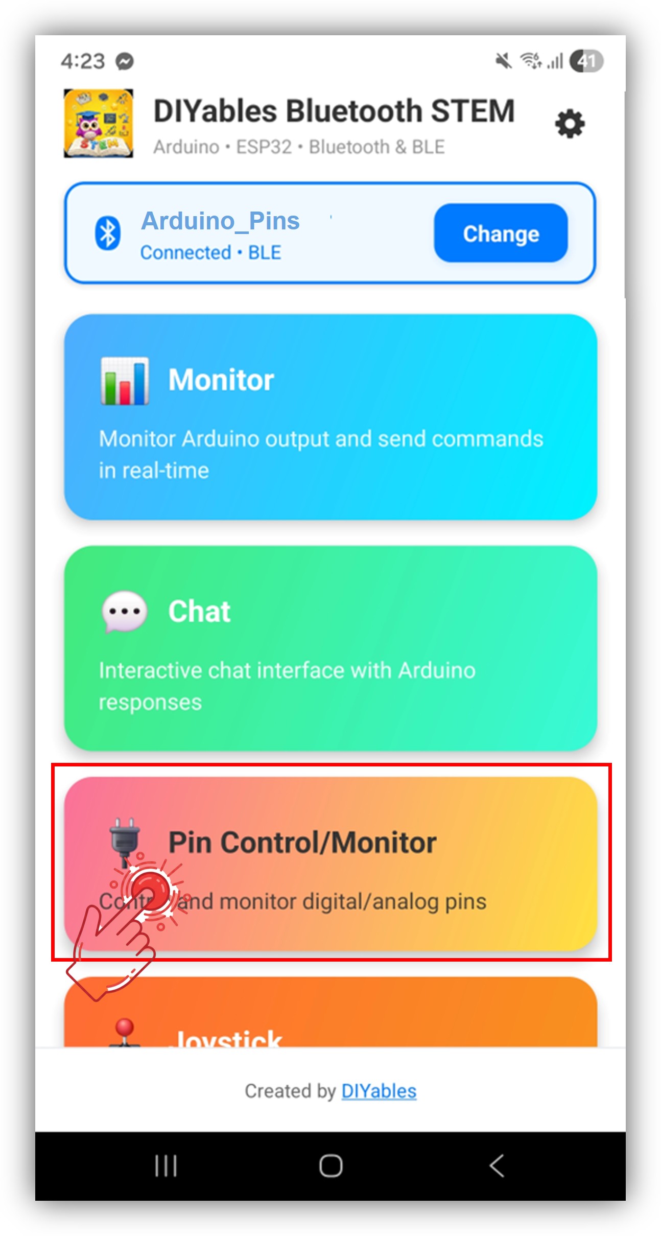 diyables Bluetooth app - home screen with digital pins app