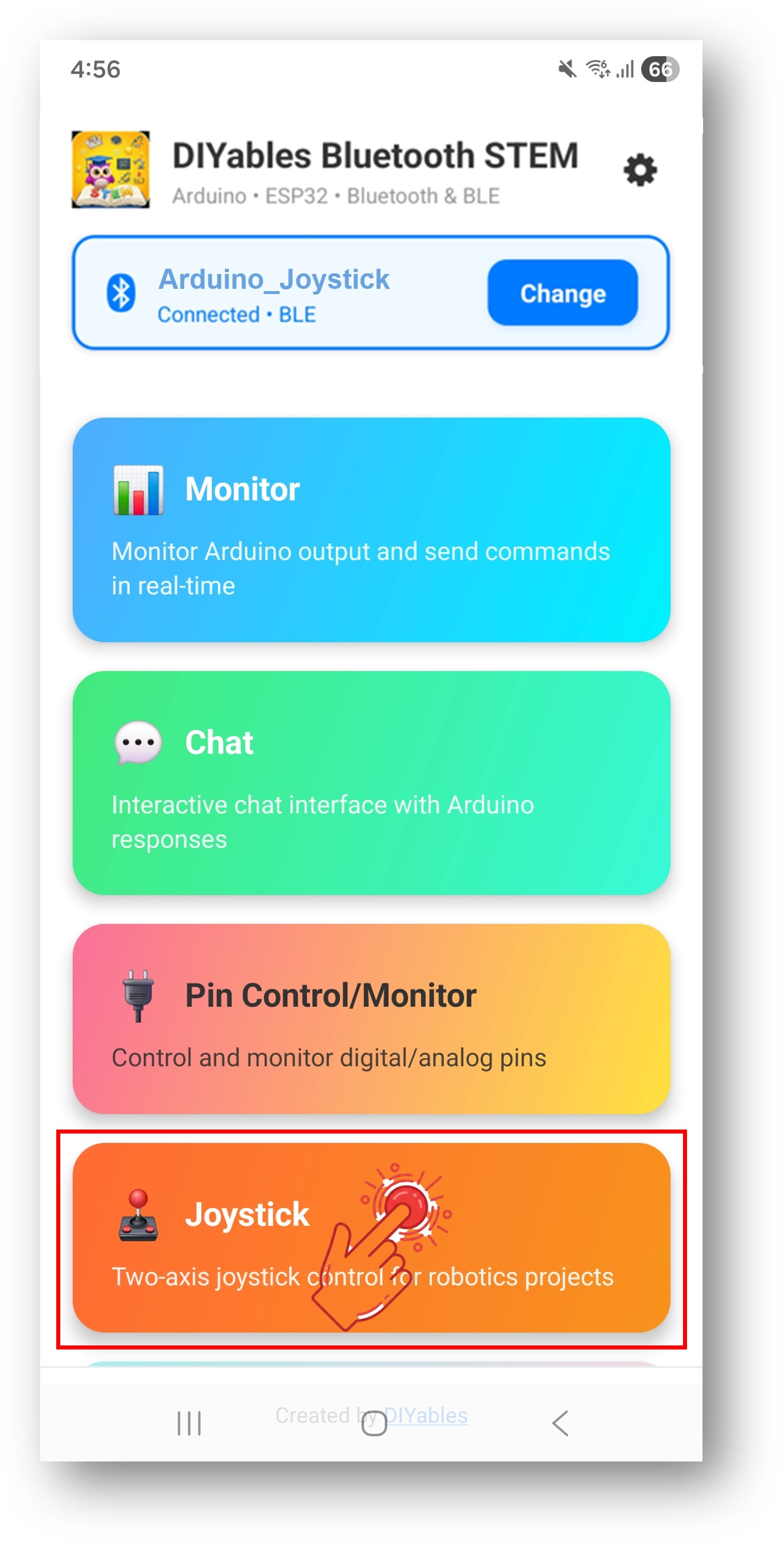 diyables Bluetooth app - home screen with joystick app