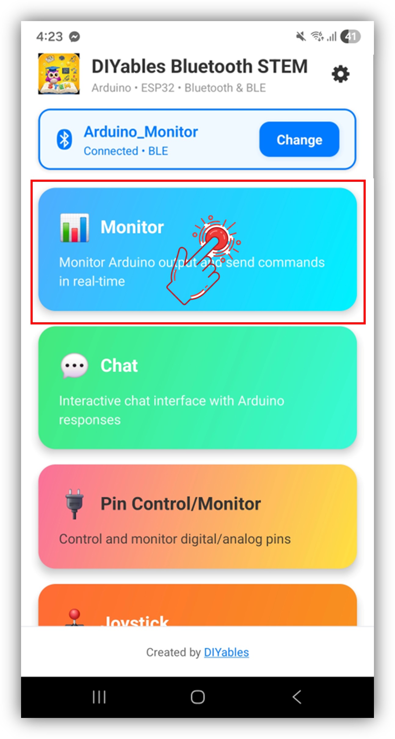 diyables Bluetooth app - home screen with monitor app