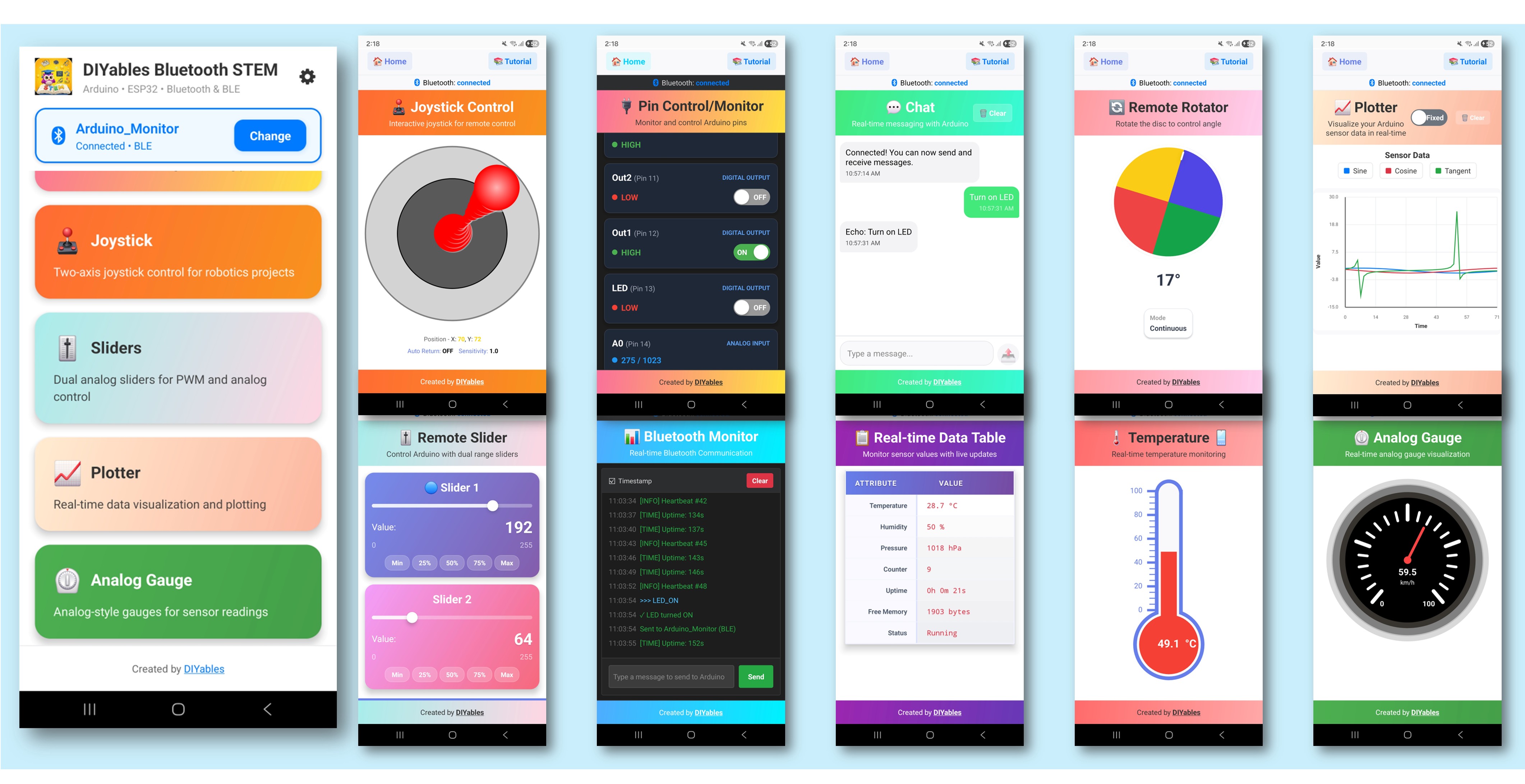 diyables Bluetooth app - home screen with multiple apps