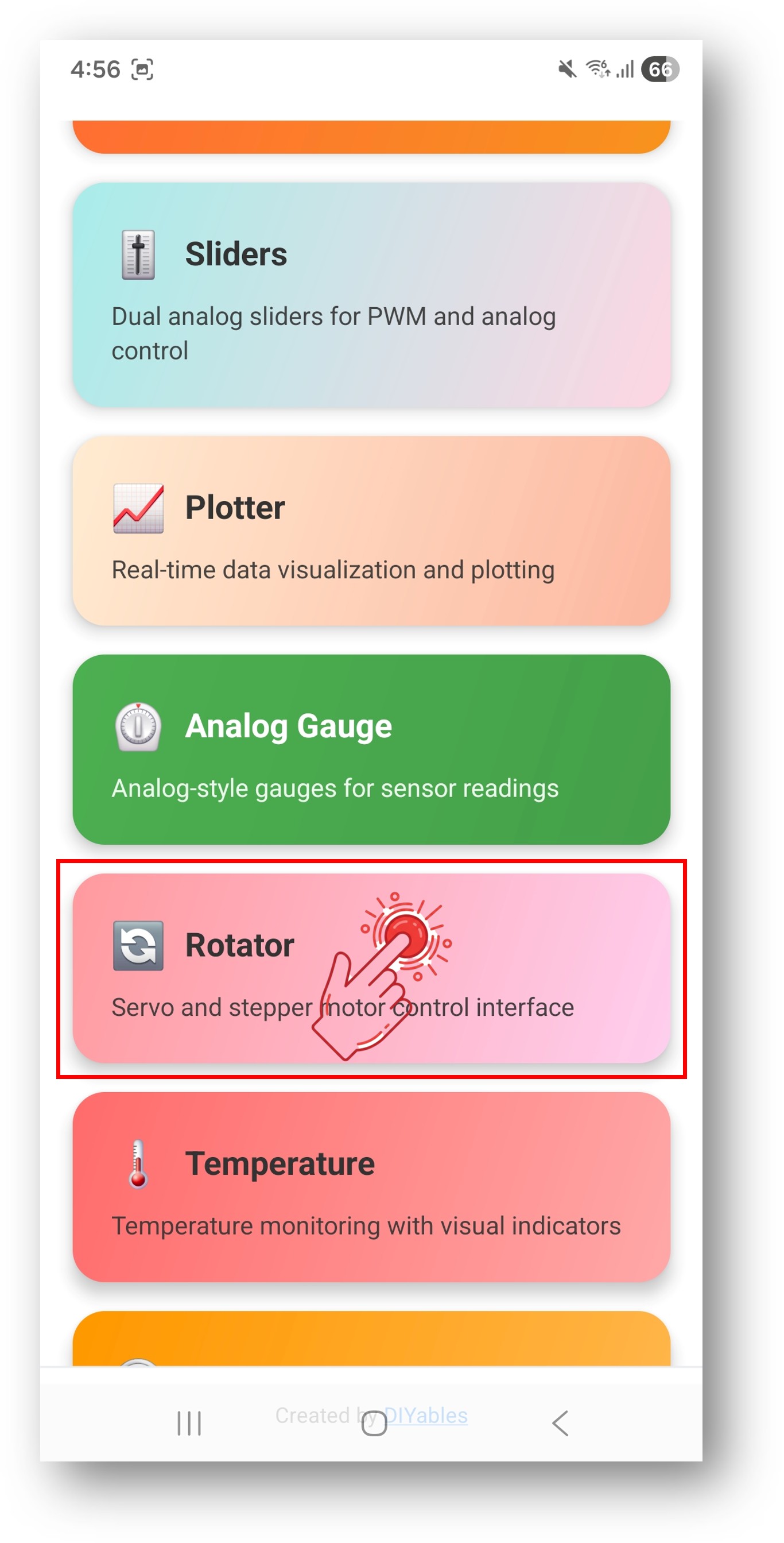 diyables Bluetooth app - home screen with rotator app