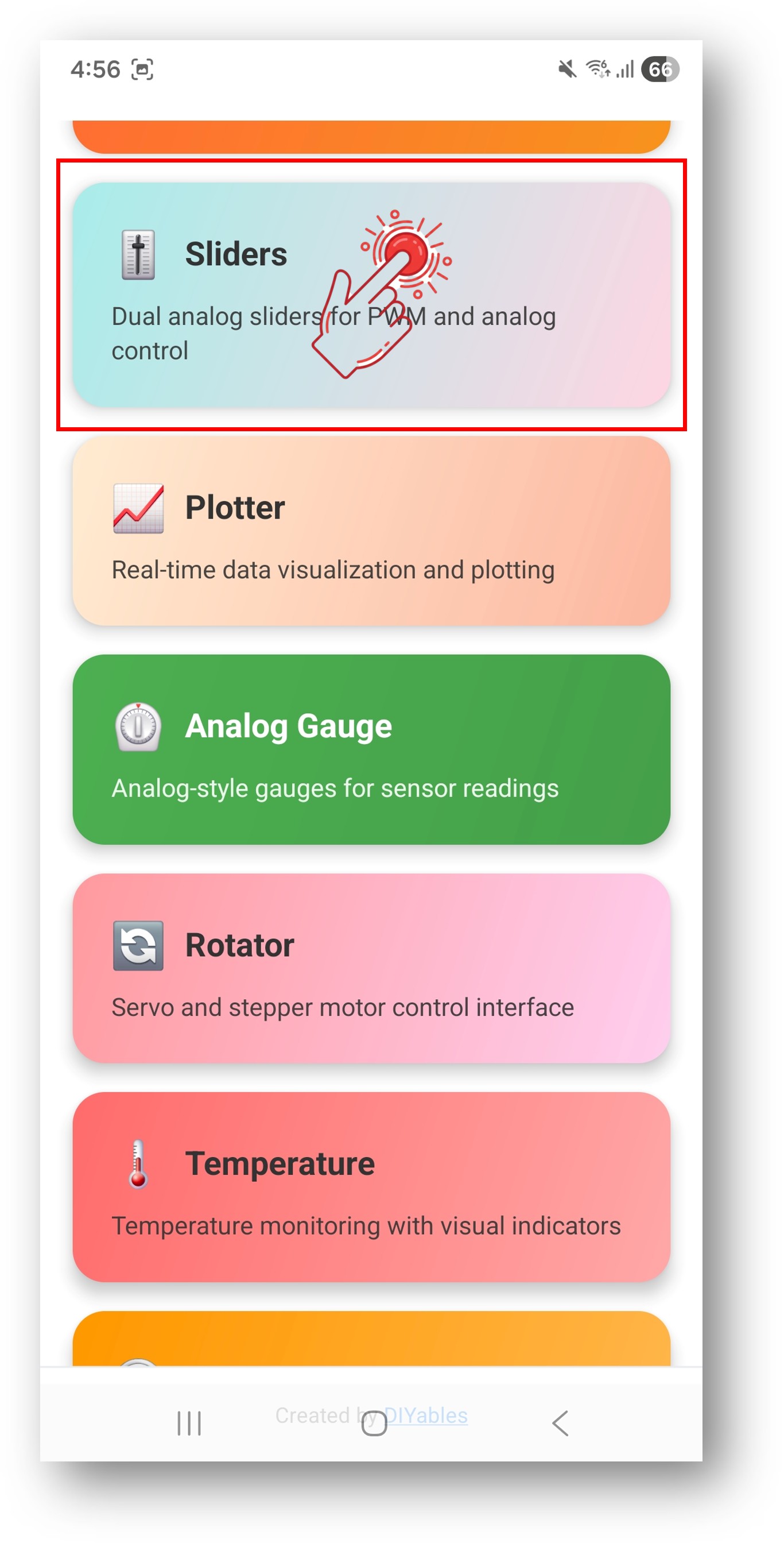 diyables Bluetooth app - màn hình chính với ứng dụng slider