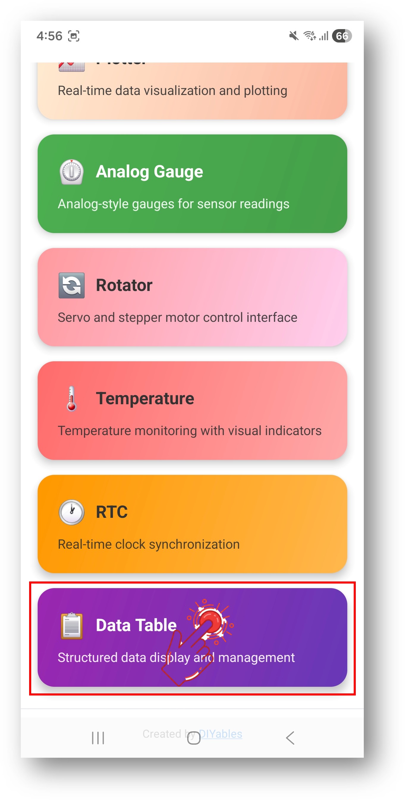 diyables Bluetooth app - home screen with table app