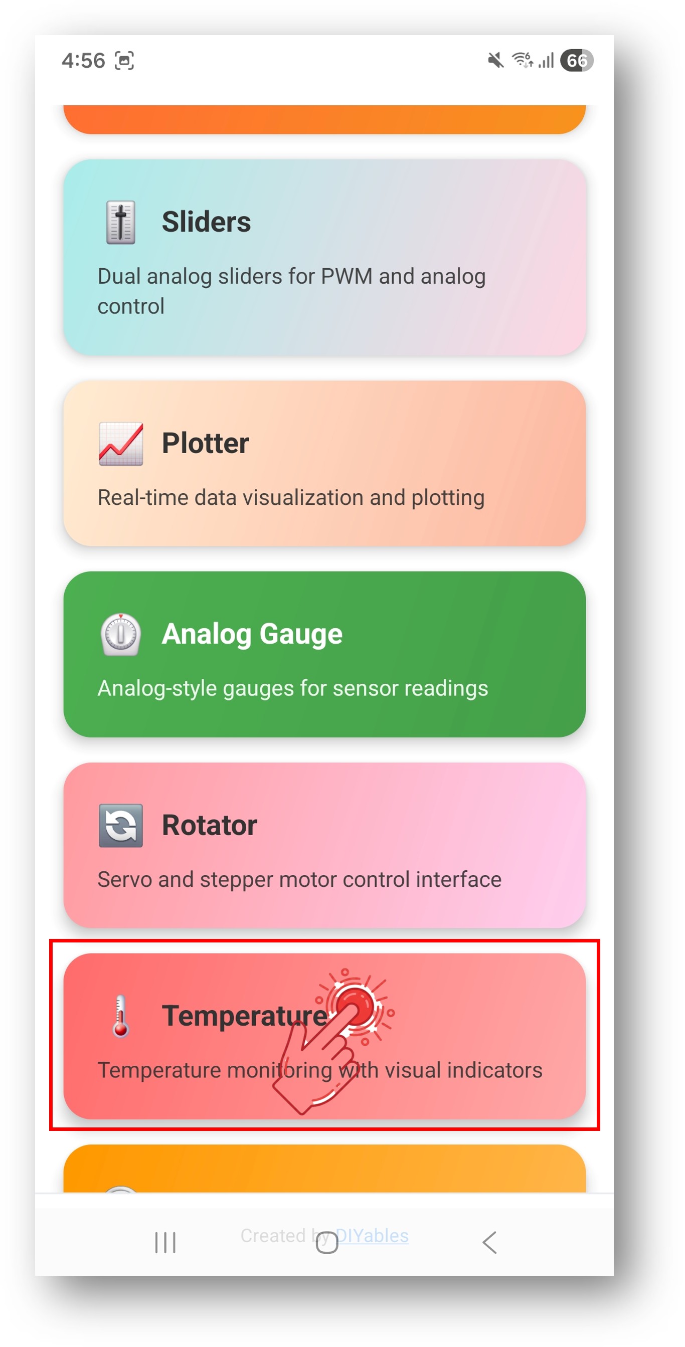 diyables Bluetooth app - home screen with temperature app