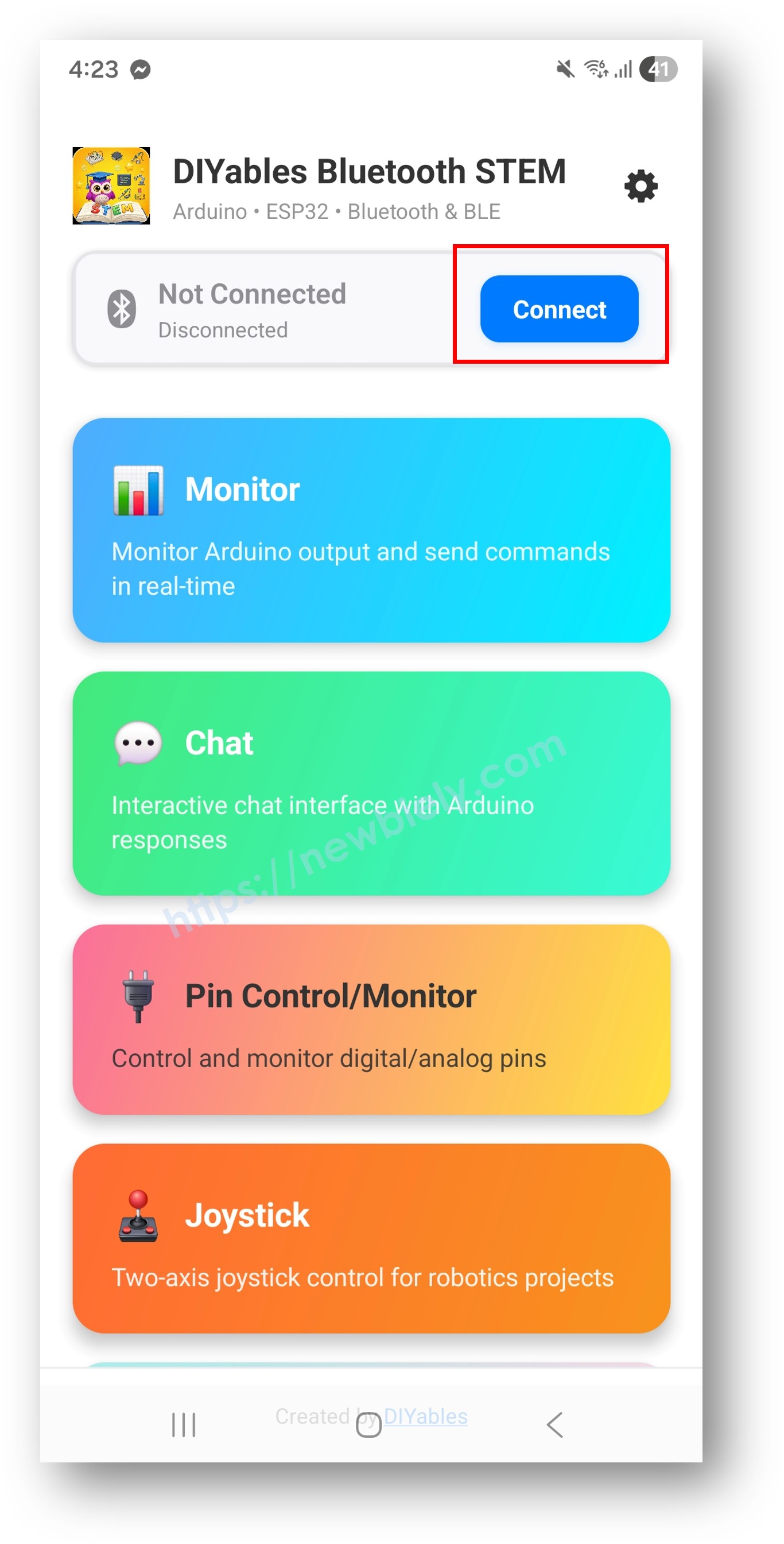 diyables Bluetooth app - home screen with scan nút nhấn