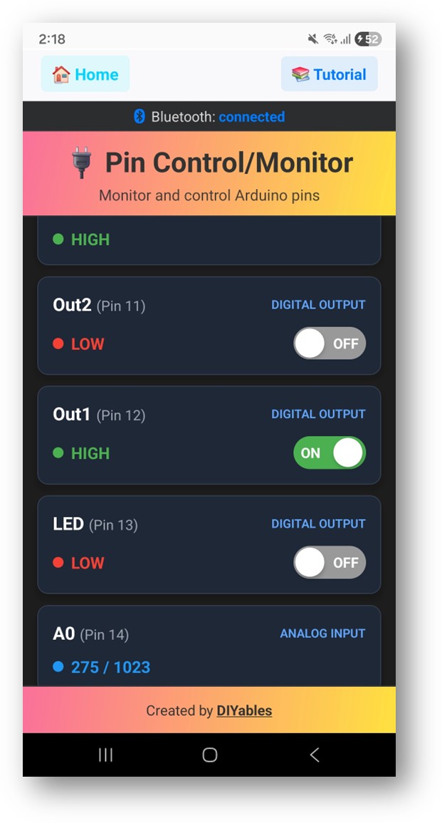 Ứng dụng diyables Bluetooth - màn hình digital pins