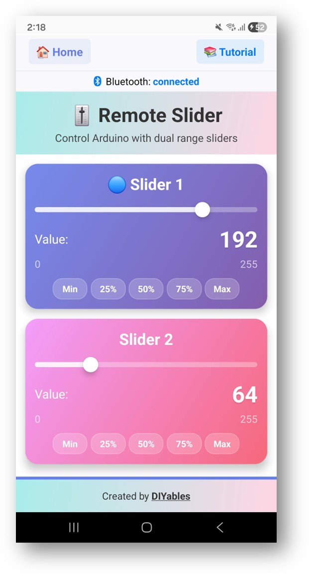 diyables Bluetooth app - màn hình slider