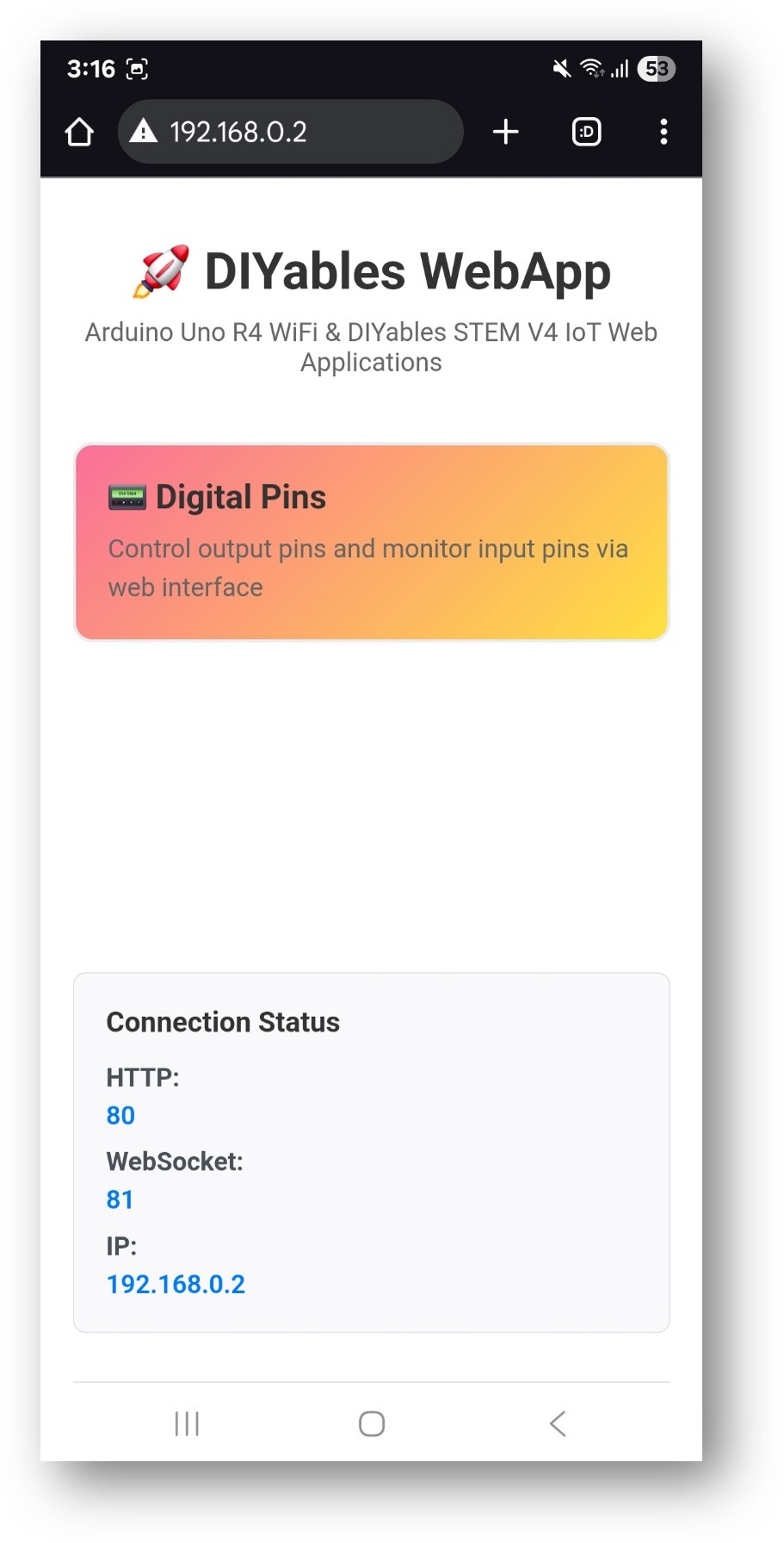 trang chủ webapp ESP32 diyables với ứng dụng web digital pins.
