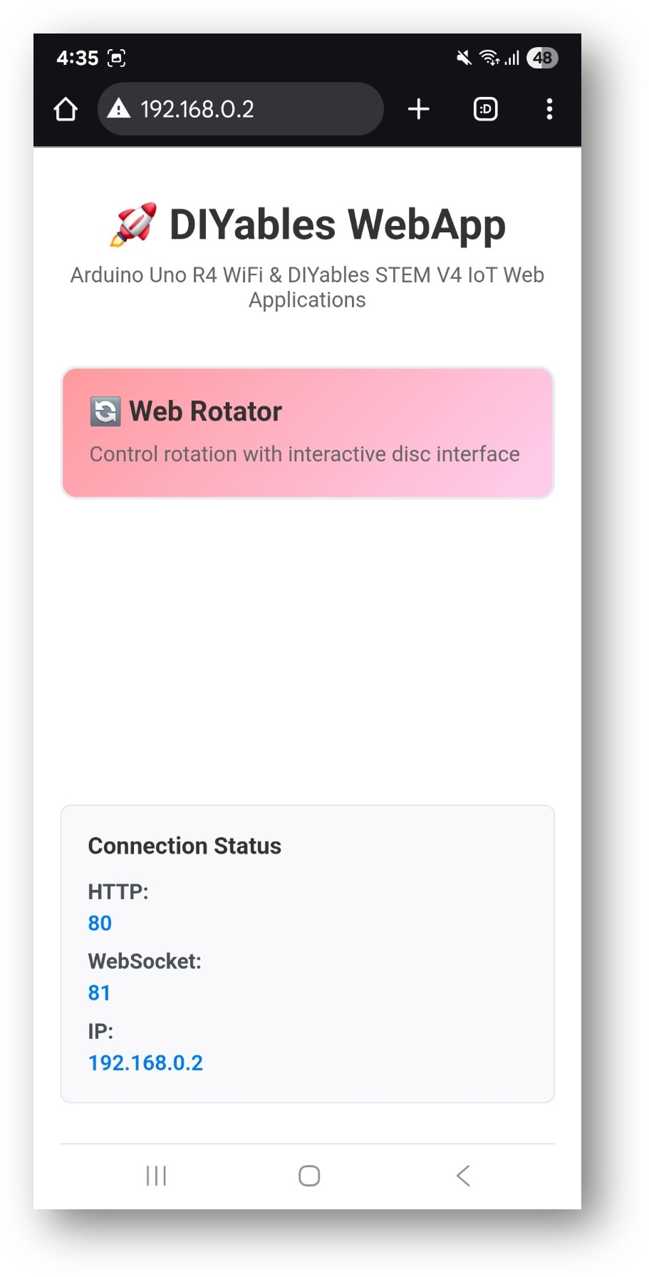 trang chủ webapp ESP32 diyables với ứng dụng web rotator