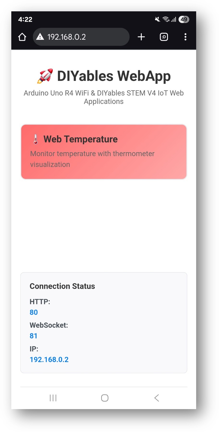 ESP32 diyables webapp home page with web temperature app