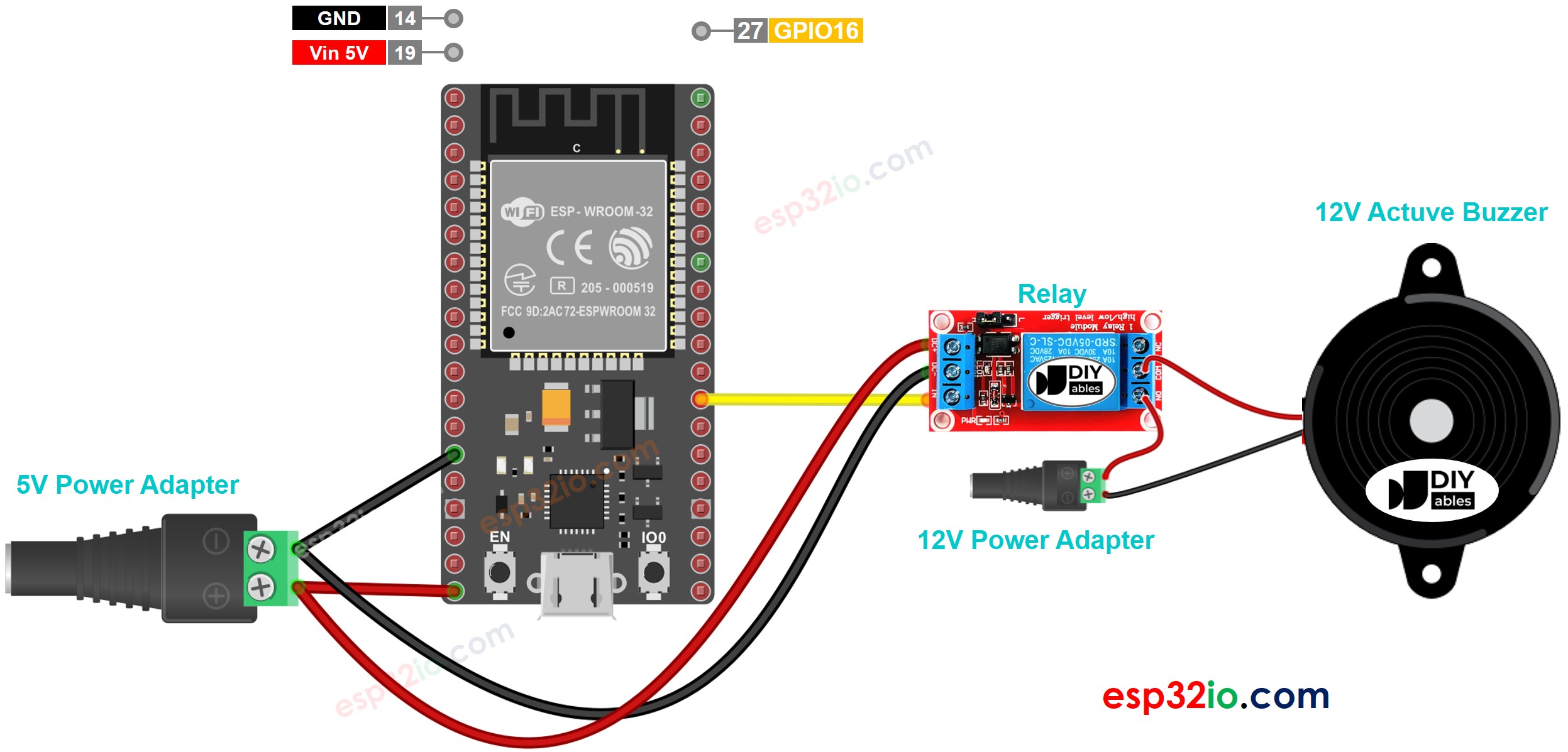ESP32 12v active buzzer sơ đồ đấu dây