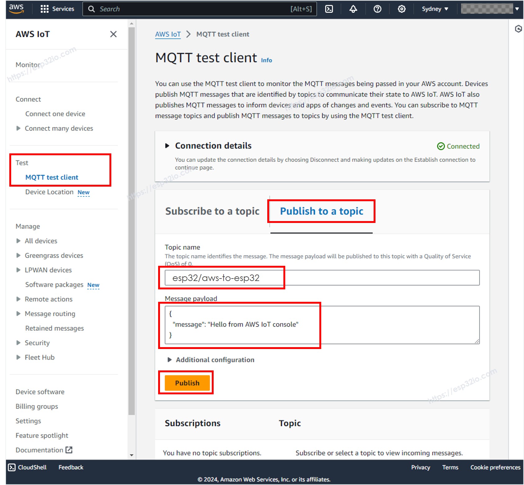 aws IoT mqtt test client ESP32