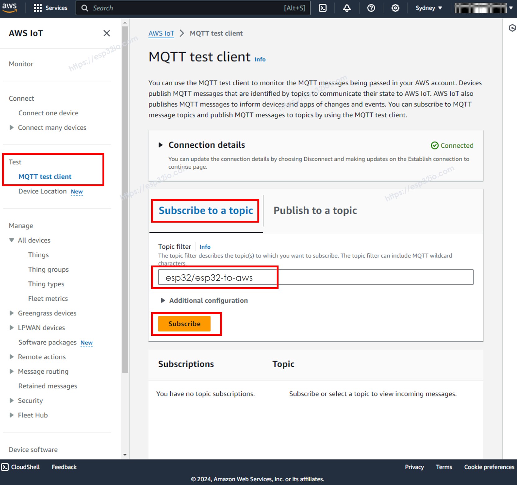 aws IoT mqtt test client ESP32