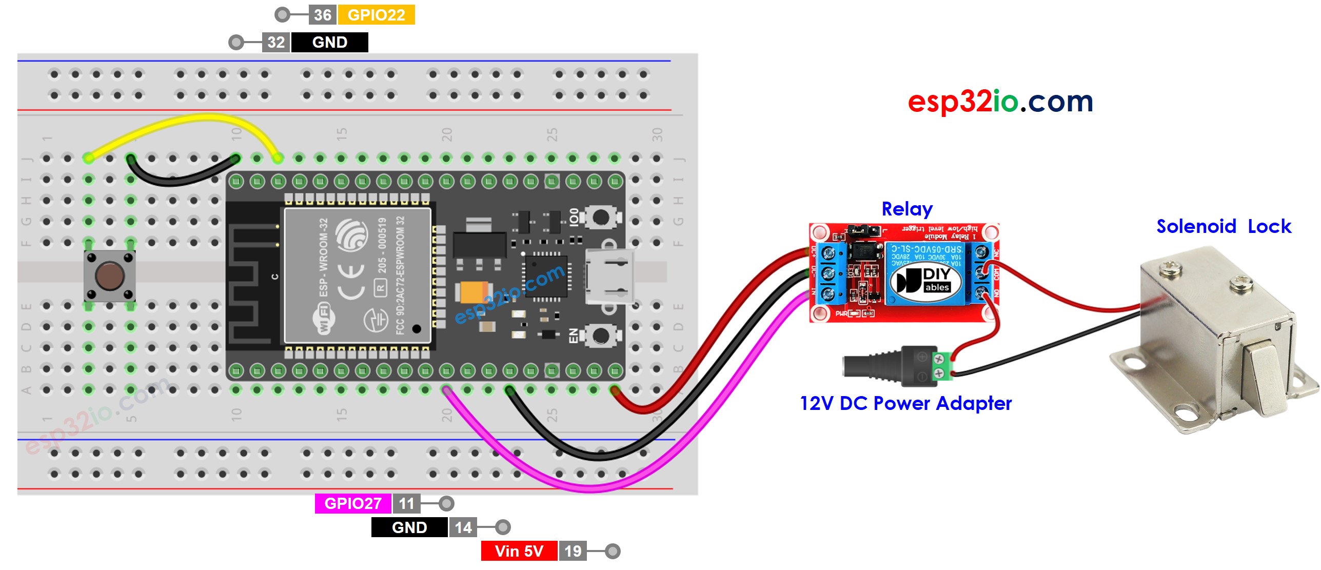 sơ đồ đấu nối ESP32 nút nhấn khóa điện từ solenoid