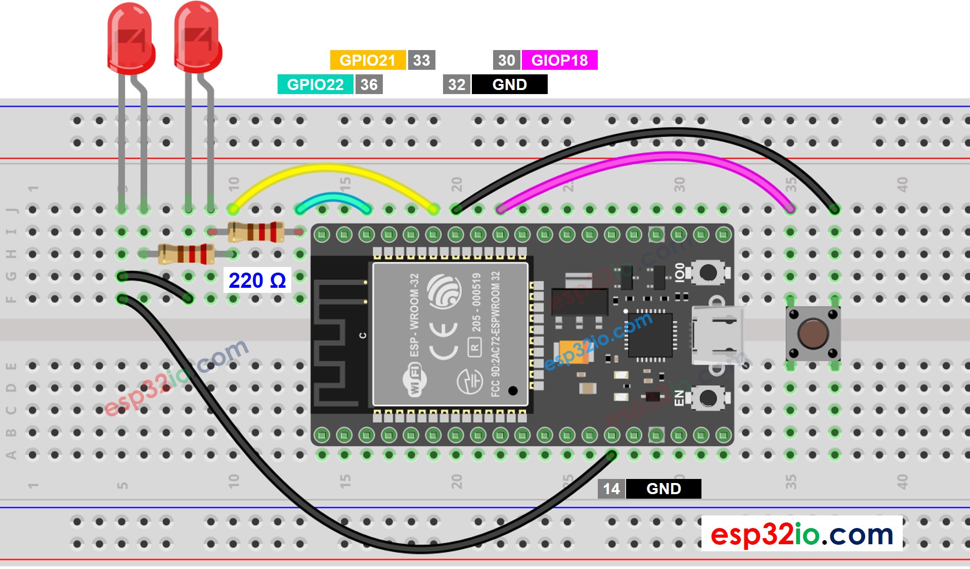 sơ Đồ Đấu nối ESP32 hai LED nút nhấn