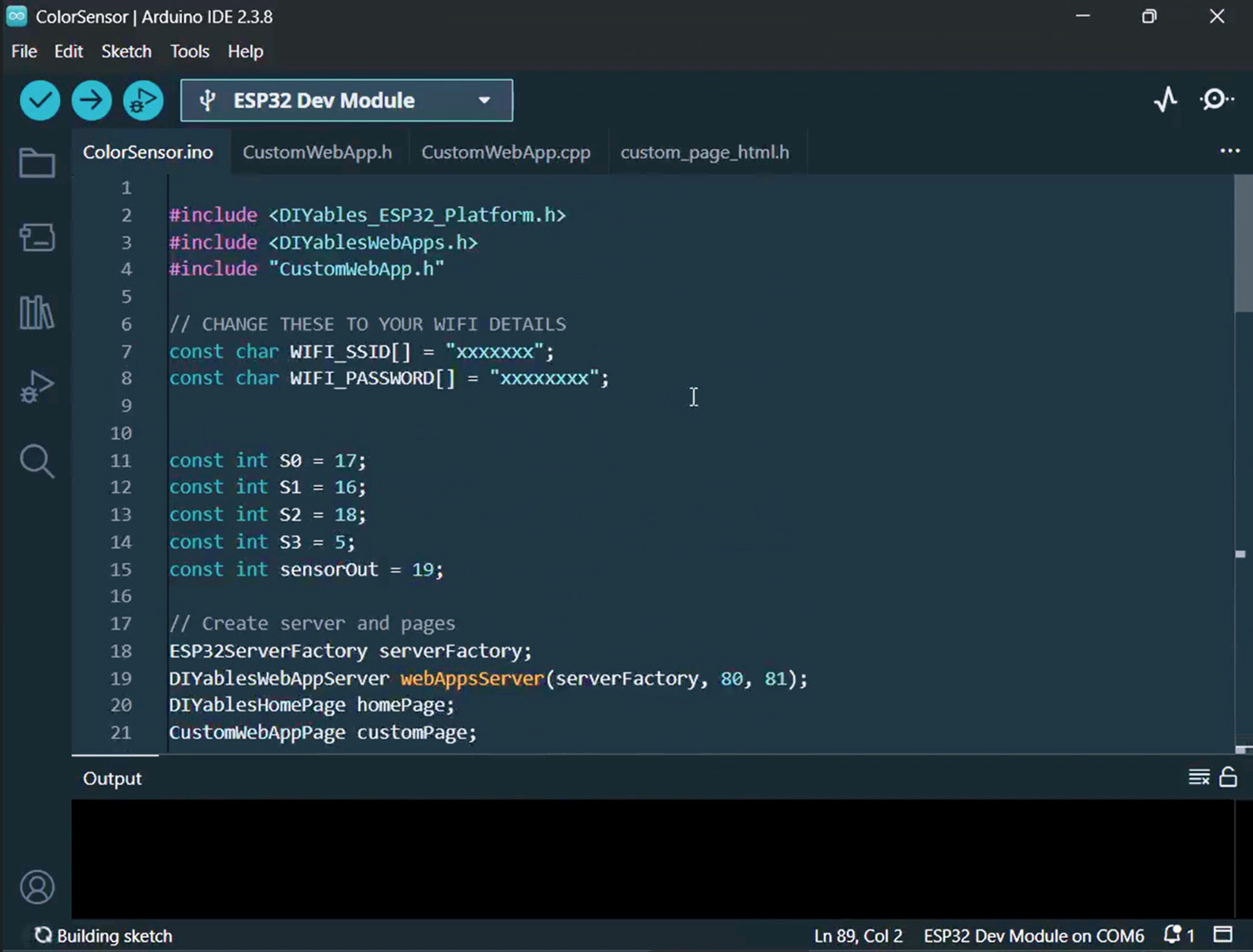 ESP32 color sensor web app project files in Arduino ide