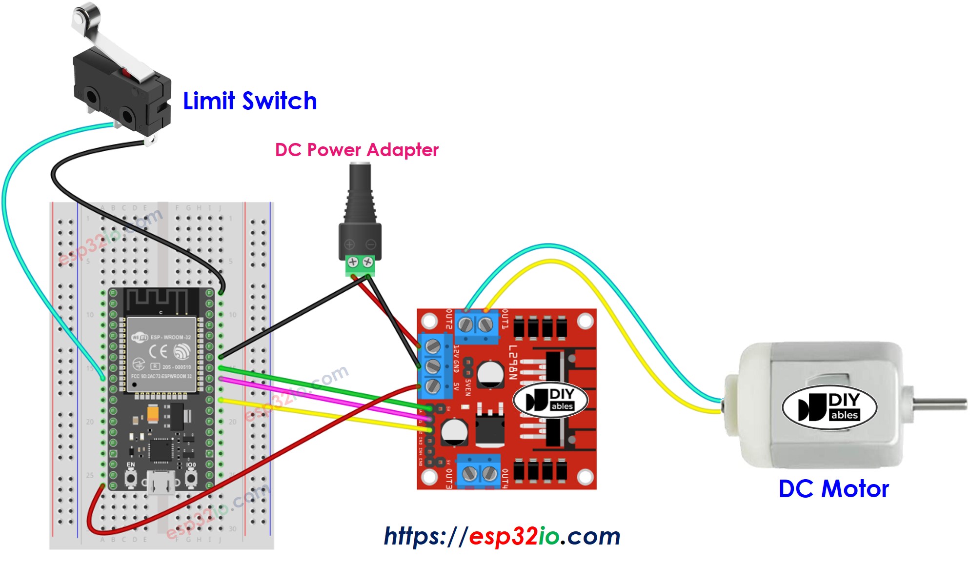 sơ đồ kết nối ESP32 động cơ dc và limit switch