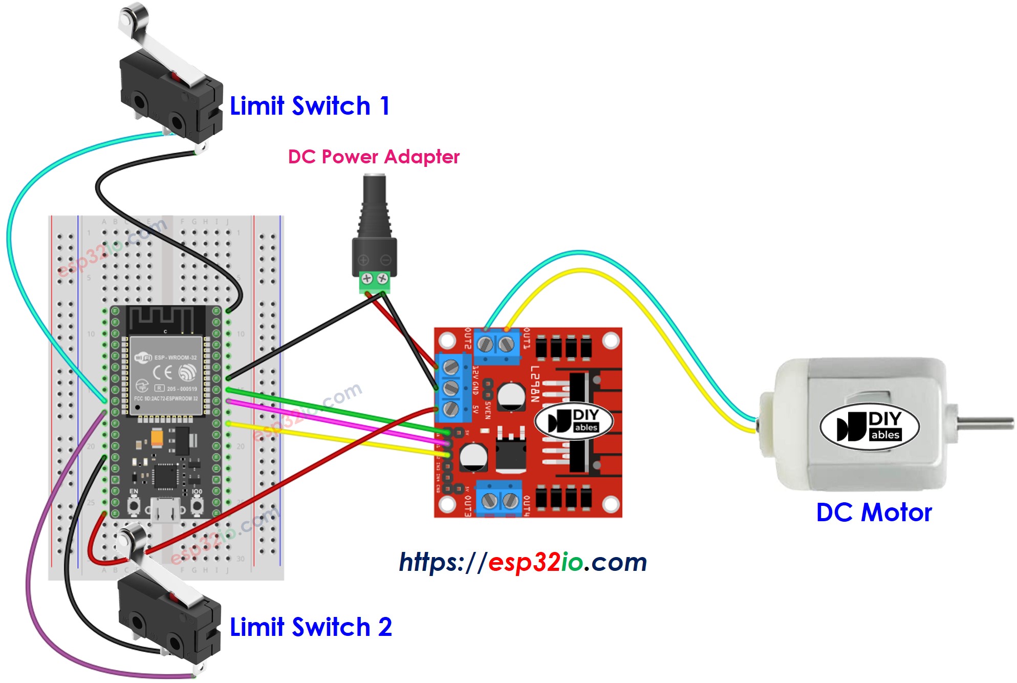 sơ đồ kết nối ESP32 động cơ dc và hai limit switches