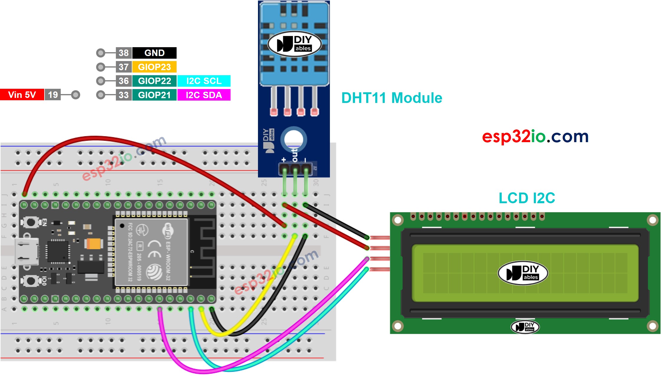 ESP32 dht11 sensor lcd sơ đồ đấu dây