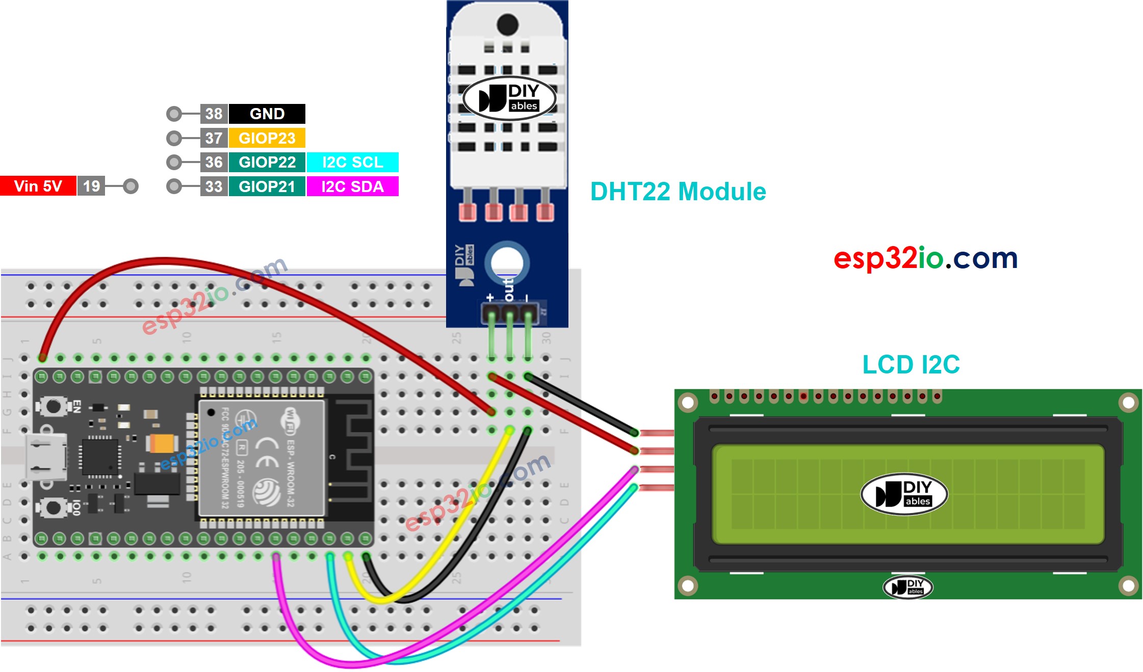 ESP32 dht22 sensor lcd sơ đồ đấu dây
