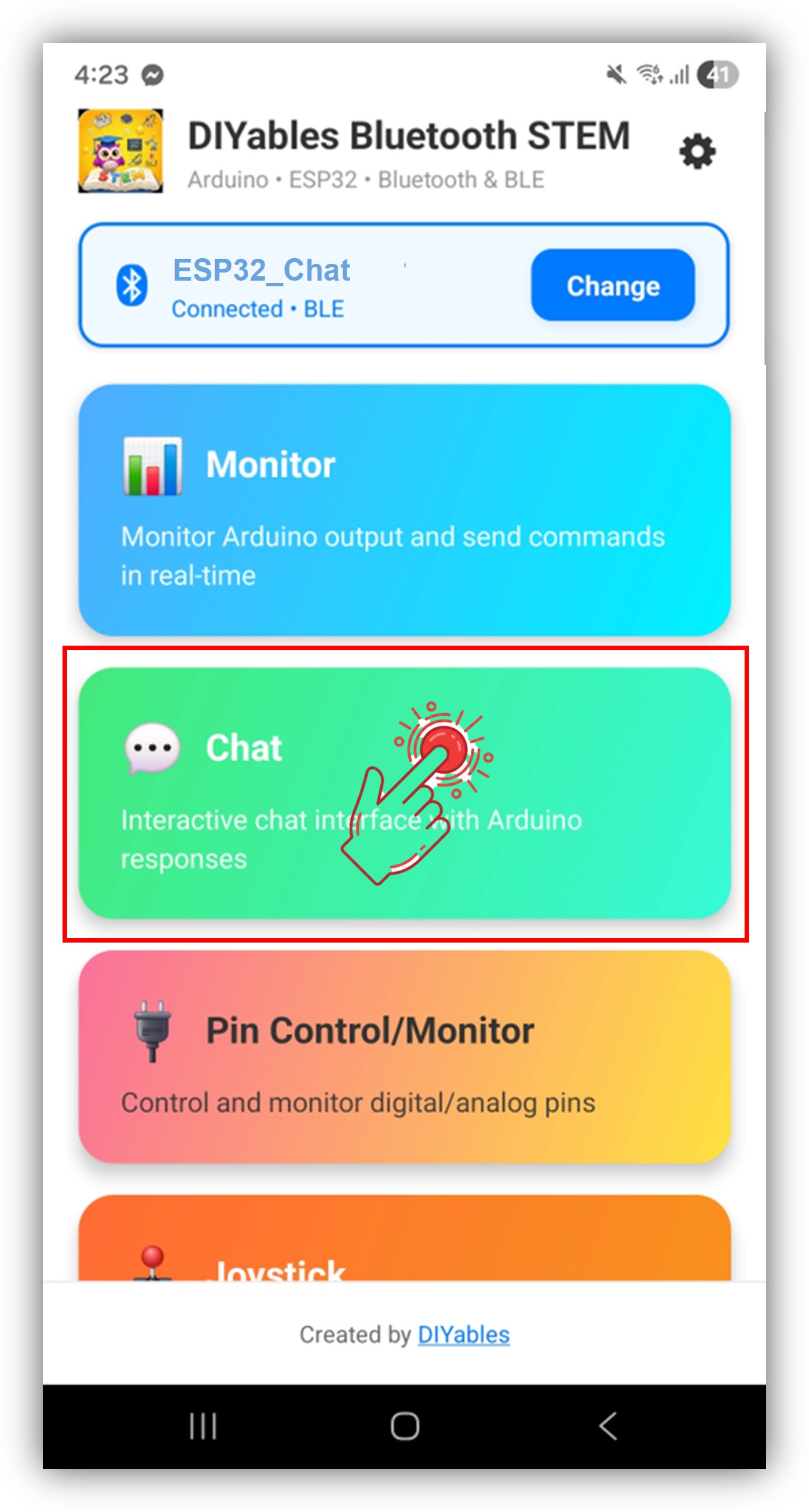 diyables Bluetooth app - home screen with chat app