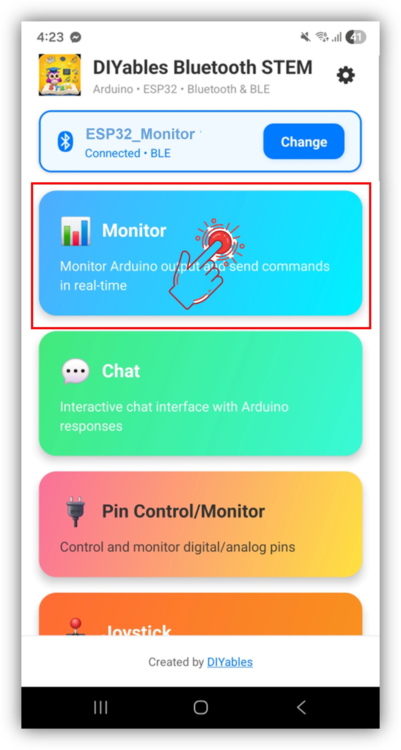 diyables Bluetooth app - home screen with monitor app