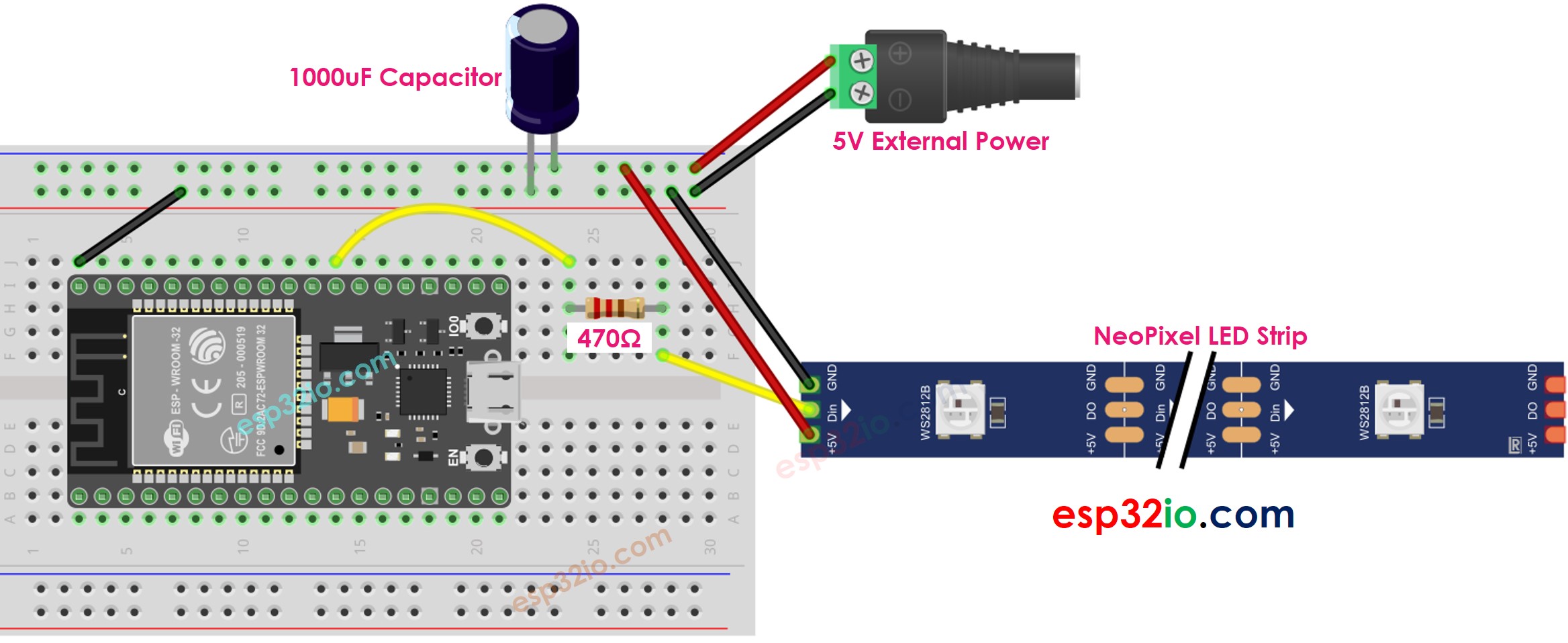 ESP32 neopixel rgb LED strip sơ đồ đấu dây