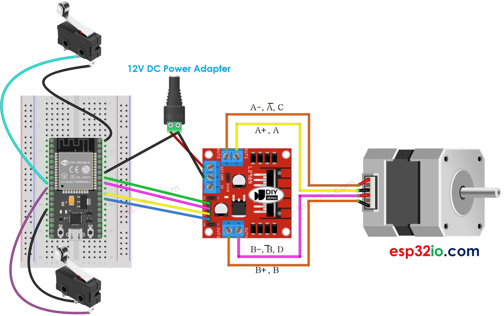 sơ đồ đấu nối ESP32 động cơ bước và hai limit switch