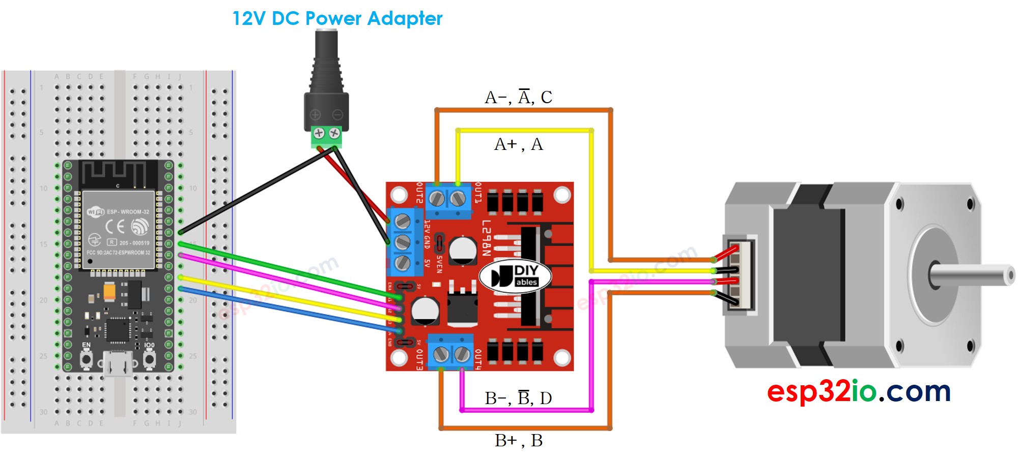 ESP32 động cơ bước l298n trình điều khiển sơ đồ đấu dây