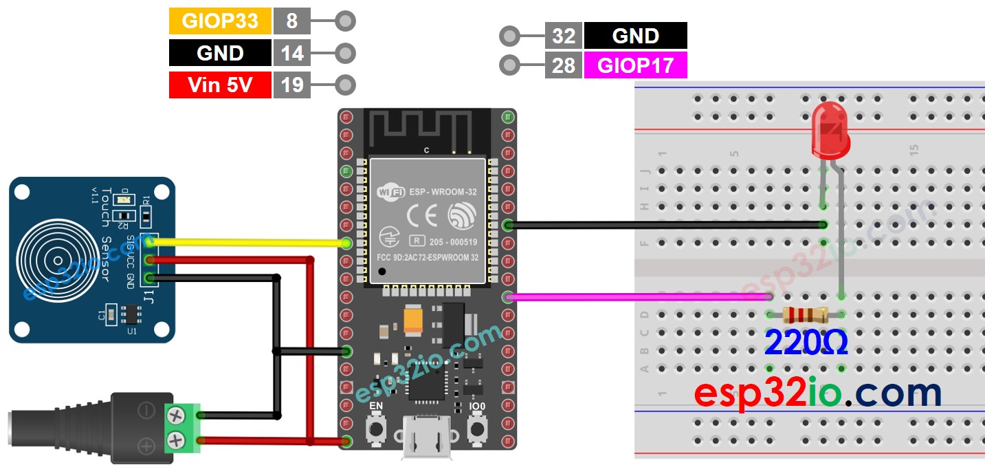 ESP32 cảm biến chạm LED sơ đồ đấu dây 5v power source