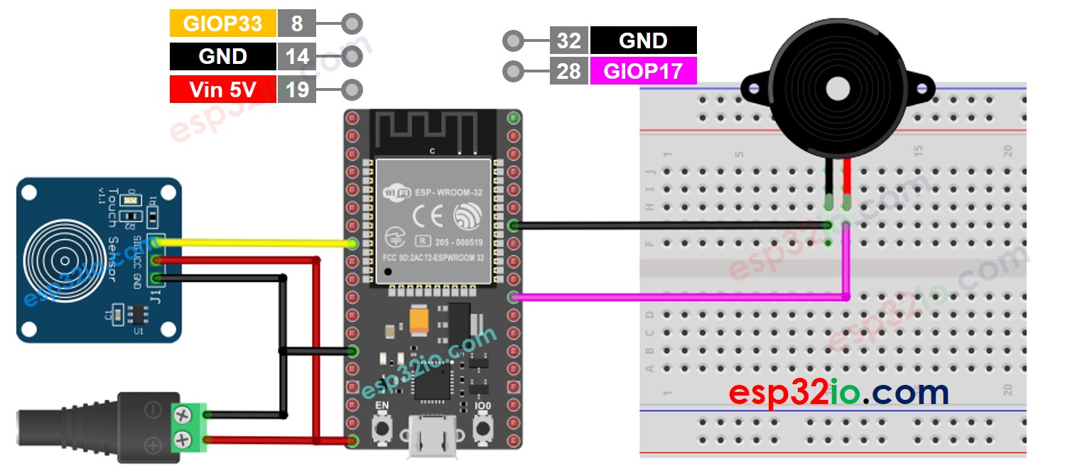 ESP32 cảm biến chạm còi piezo sơ đồ đấu dây 5v power source