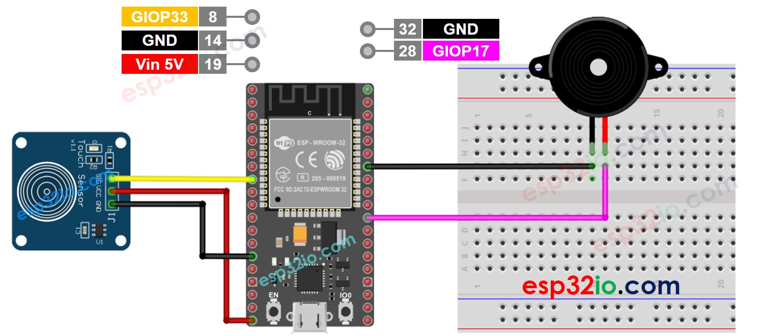 ESP32 cảm biến chạm còi piezo sơ đồ đấu dây