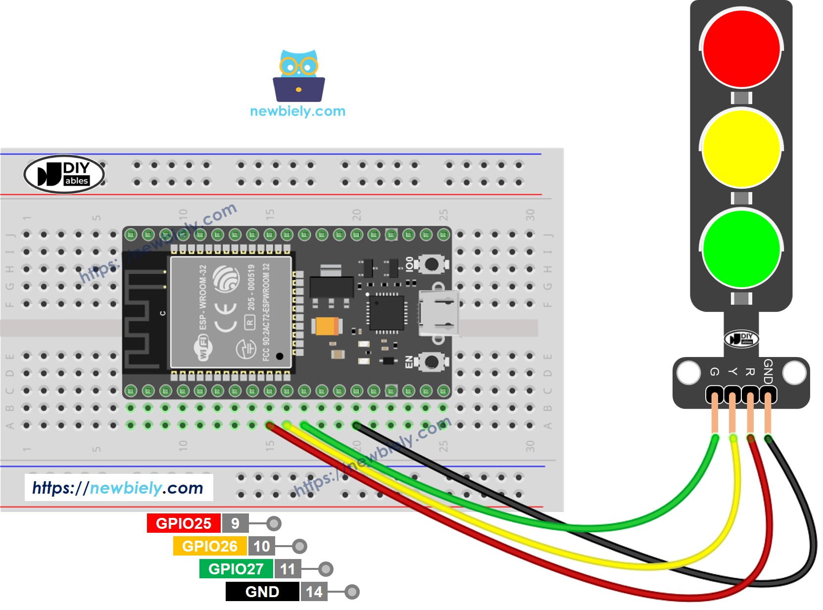 ESP32 traffic light sơ đồ đấu dây