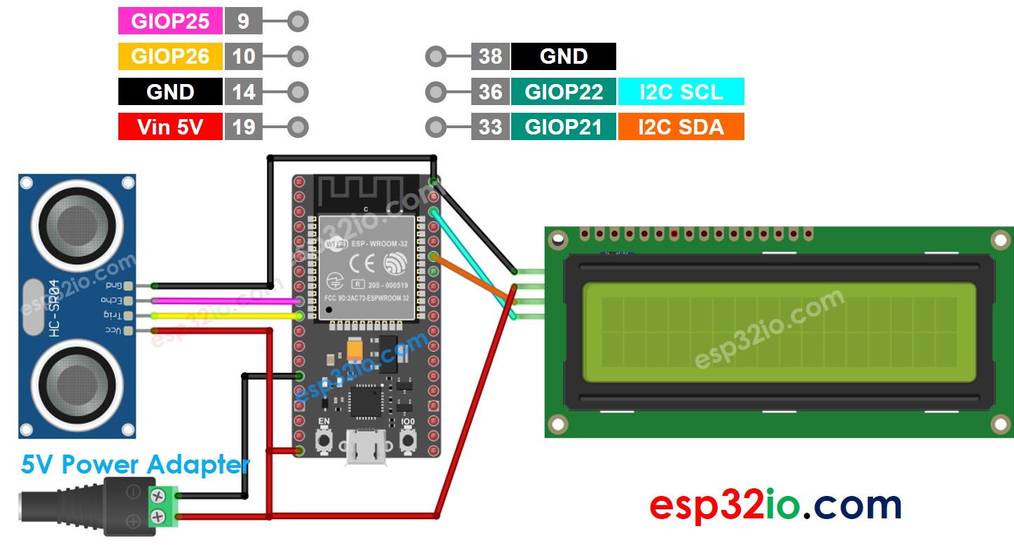 sơ Đồ Đấu nối ESP32 cảm biến siêu Âm lcd