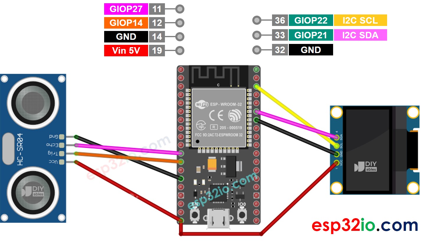 ESP32 cảm biến siêu âm oLED sơ đồ đấu dây