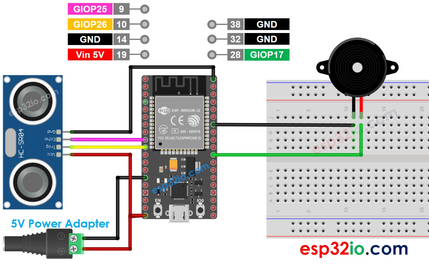 ESP32 cảm biến siêu âm còi piezo sơ đồ đấu dây 5v power adapter
