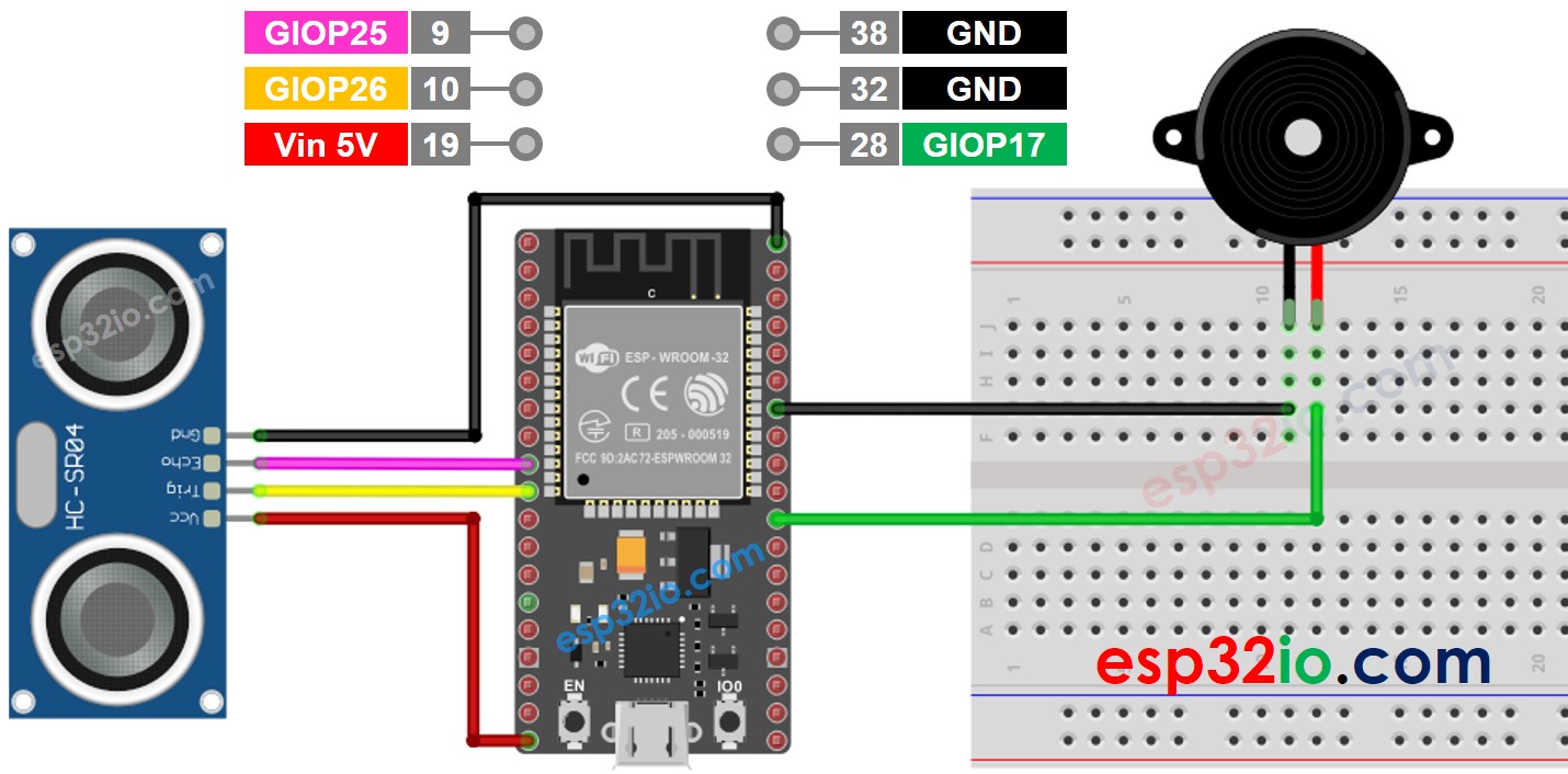 ESP32 cảm biến siêu âm còi piezo sơ đồ đấu dây