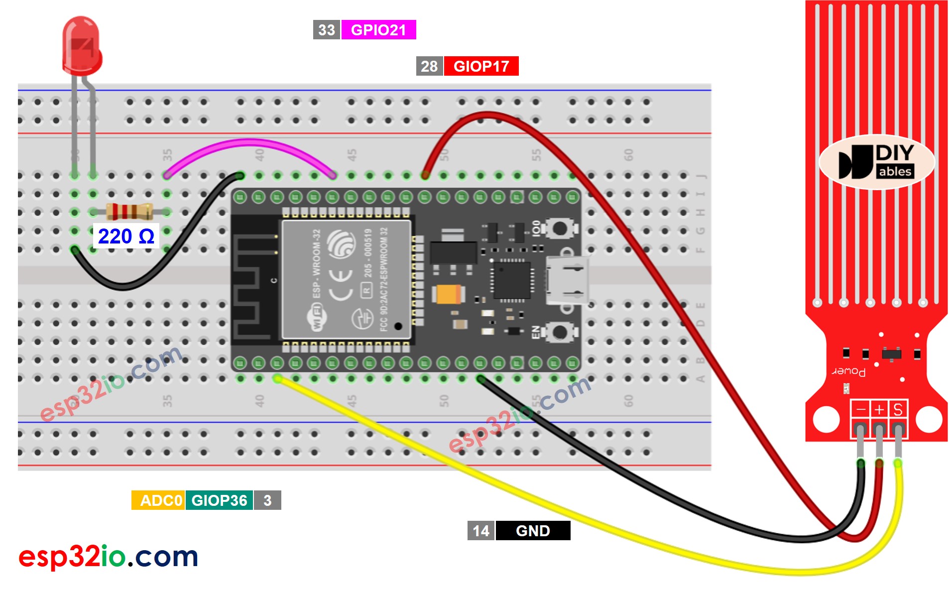 ESP32 water sensor LED sơ đồ đấu dây