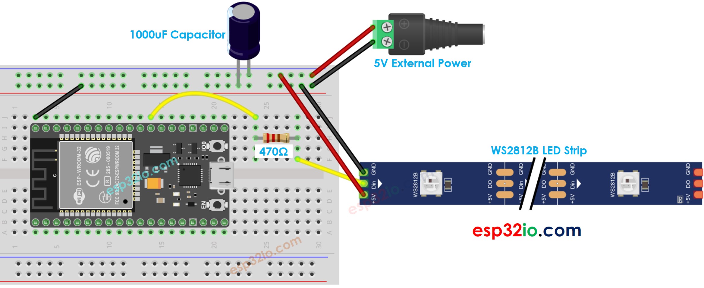 ESP32 ws2812b rgb LED strip sơ đồ đấu dây