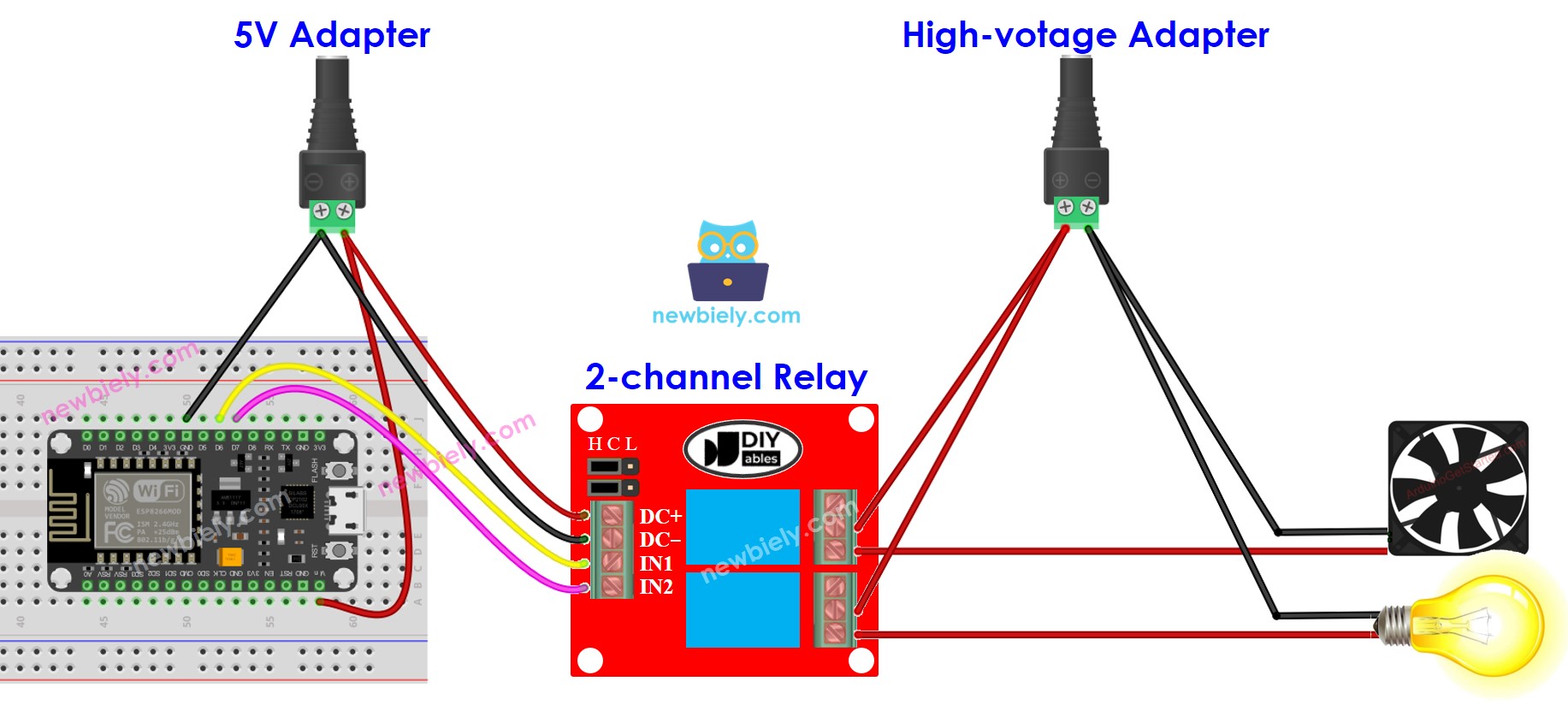 sơ đồ đấu dây của mô-đun rơ-le ESP8266 NodeMCU 2 kênh với hai nguồn cấp điện