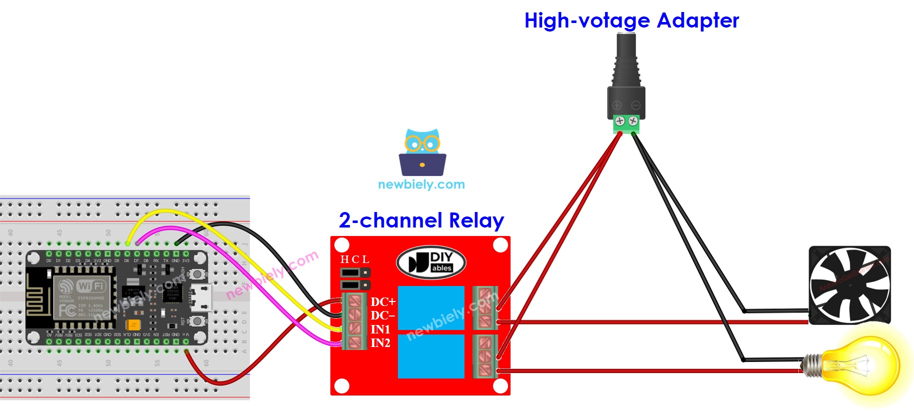 sơ đồ đấu nối module rơ-le 2 kênh ESP8266 NodeMCU