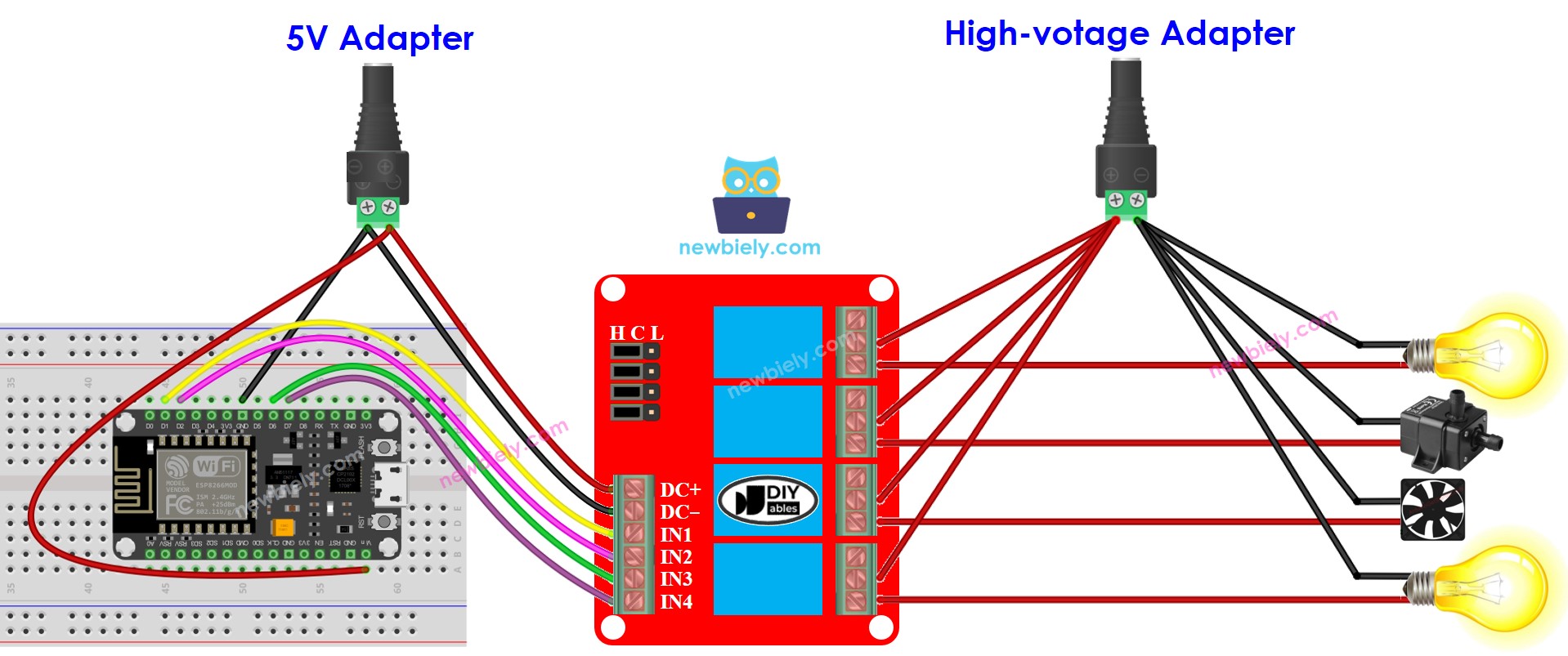 sơ đồ đấu nối cho module rơ-le ESP8266 NodeMCU 4 kênh với hai nguồn cấp điện