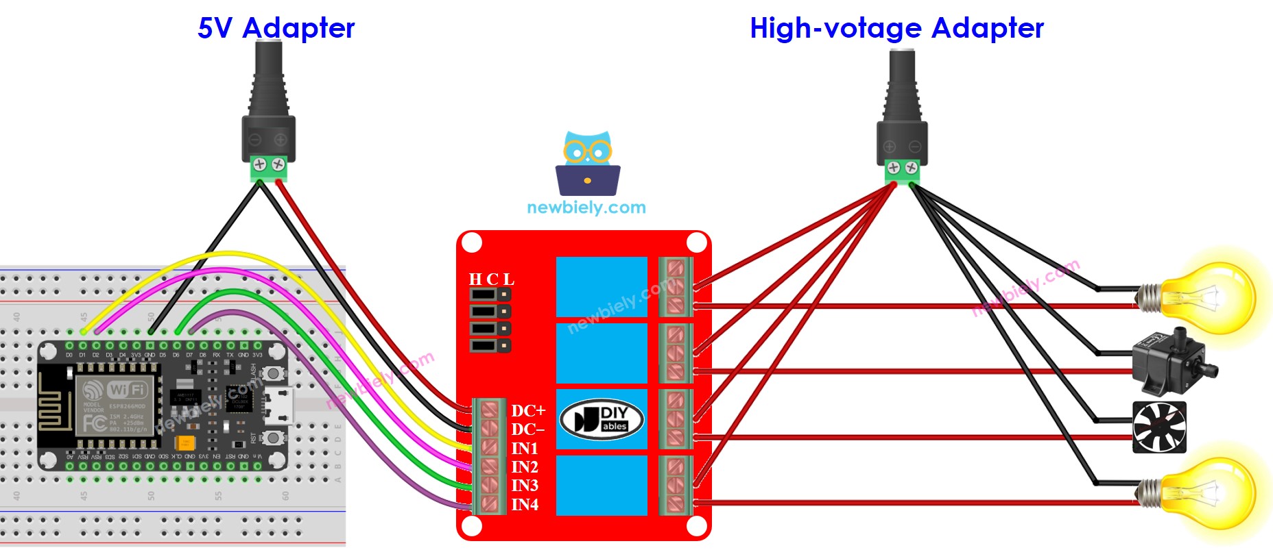 sơ đồ đấu dây của module rơ-le ESP8266 NodeMCU 4 kênh
