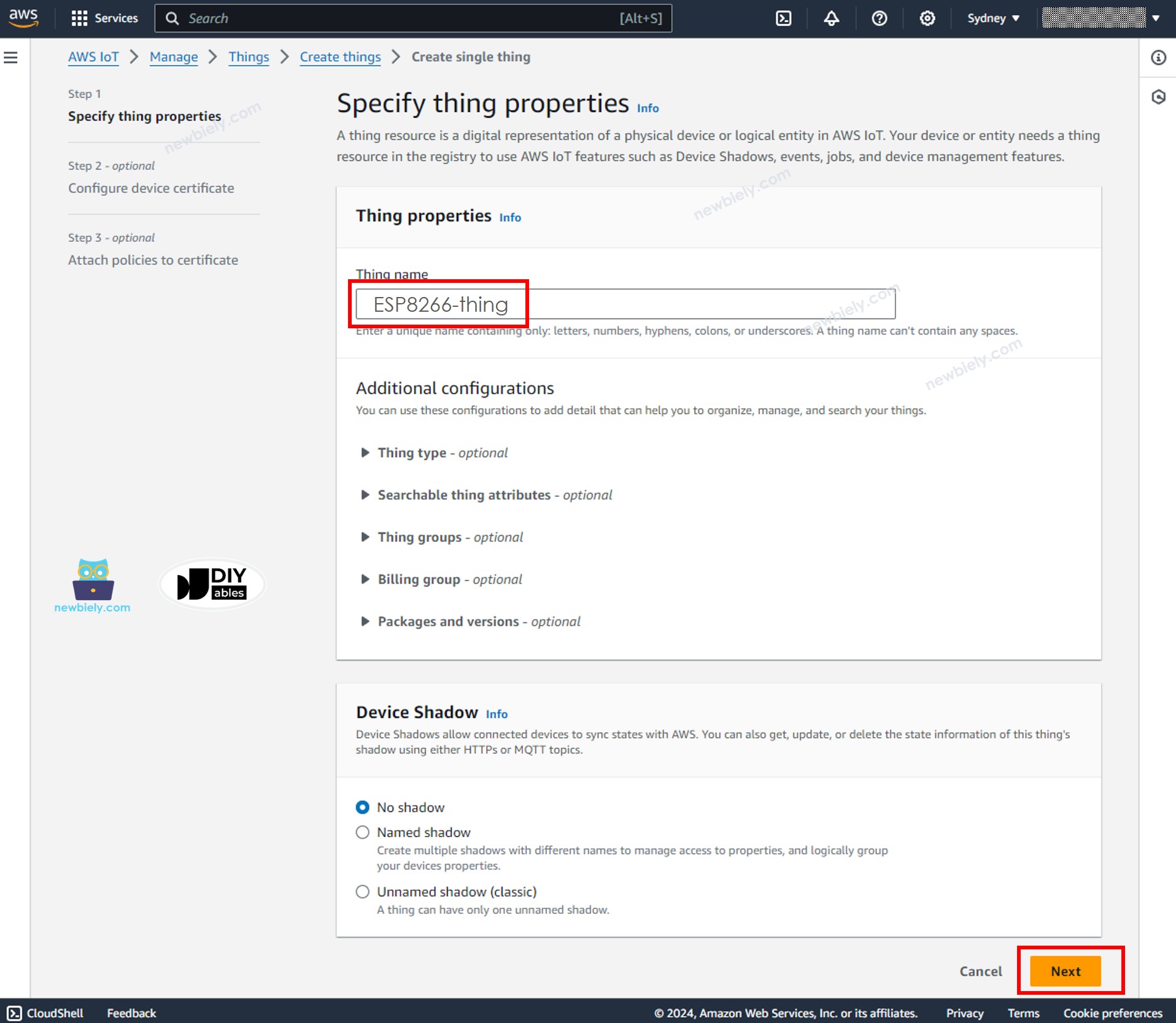 tên thiết bị aws IoT core