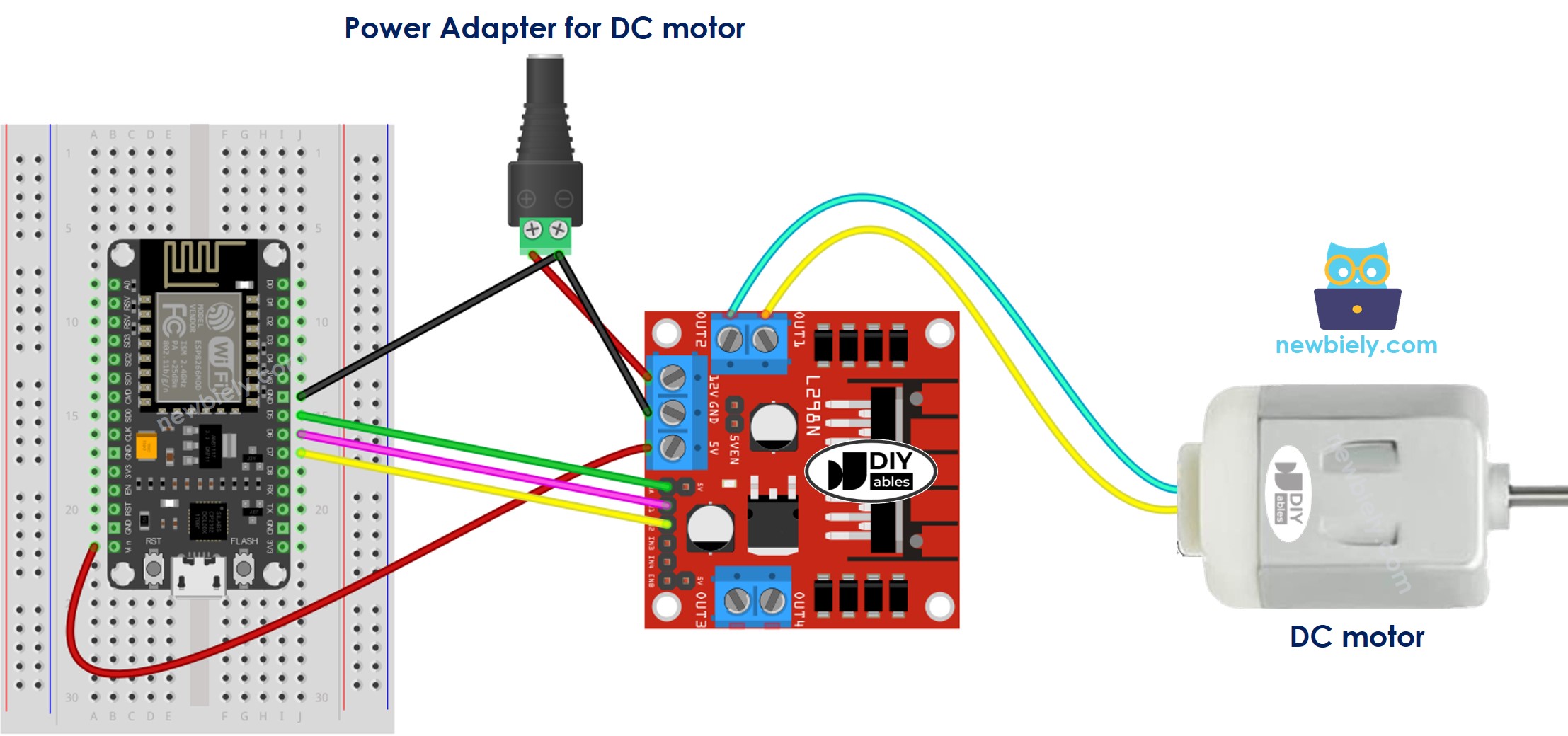 sơ đồ nối dây cho ESP8266 NodeMCU, động cơ dc và bộ điều khiển l298n