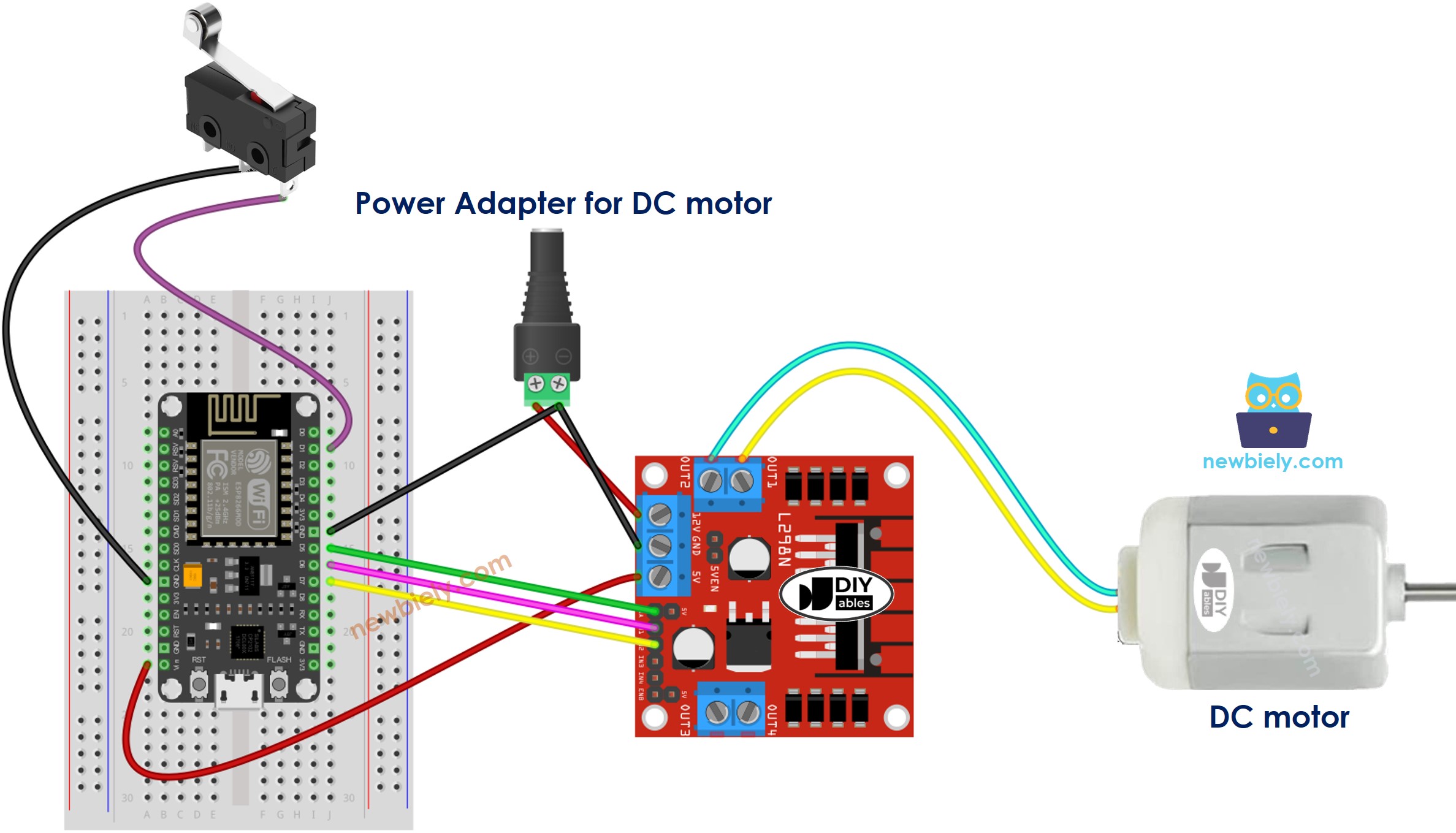 sơ đồ đấu nối ESP8266 NodeMCU với động cơ dc và công tắc giới hạn
