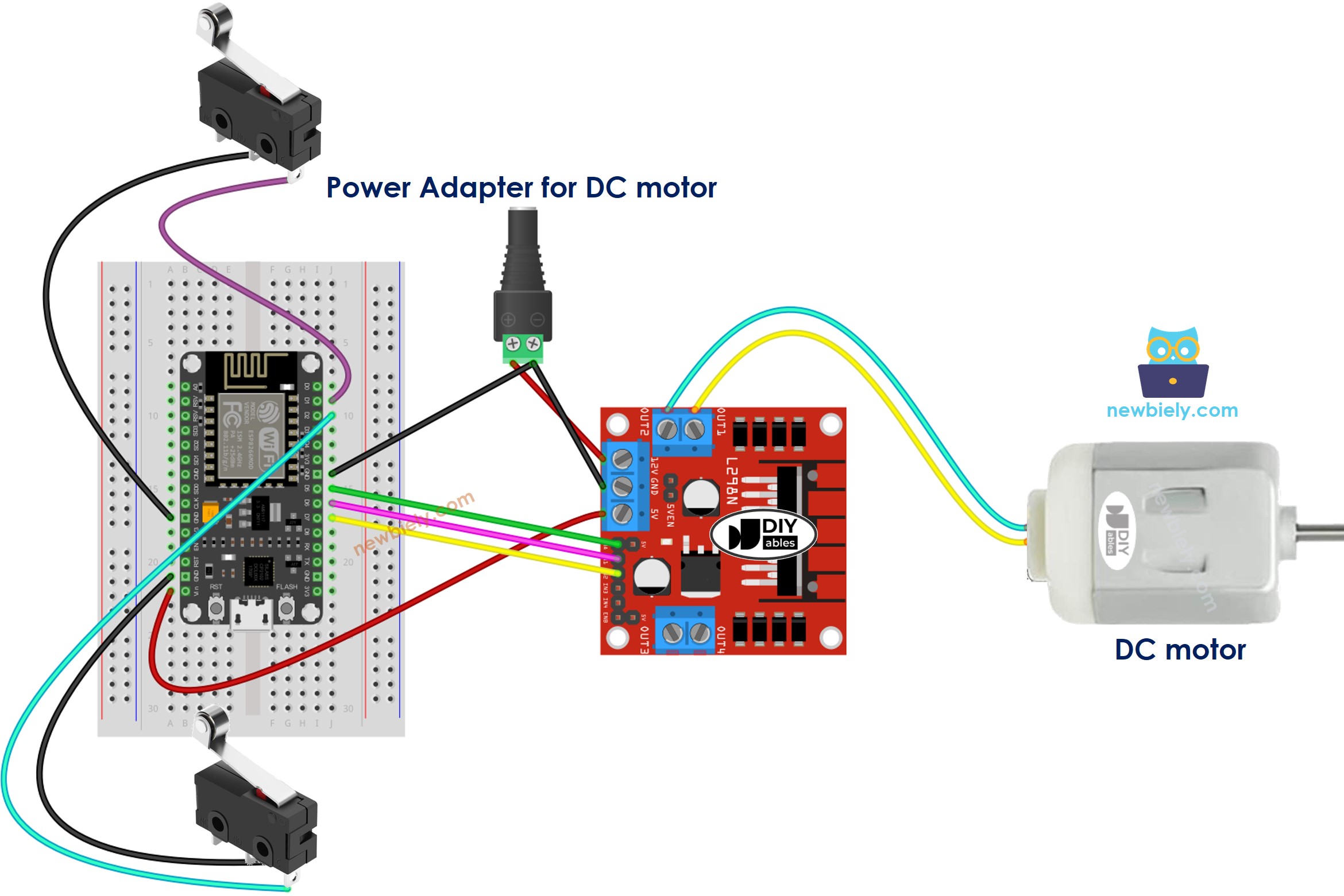 sơ đồ nối dây ESP8266 NodeMCU cho động cơ dc và hai công tắc giới hạn