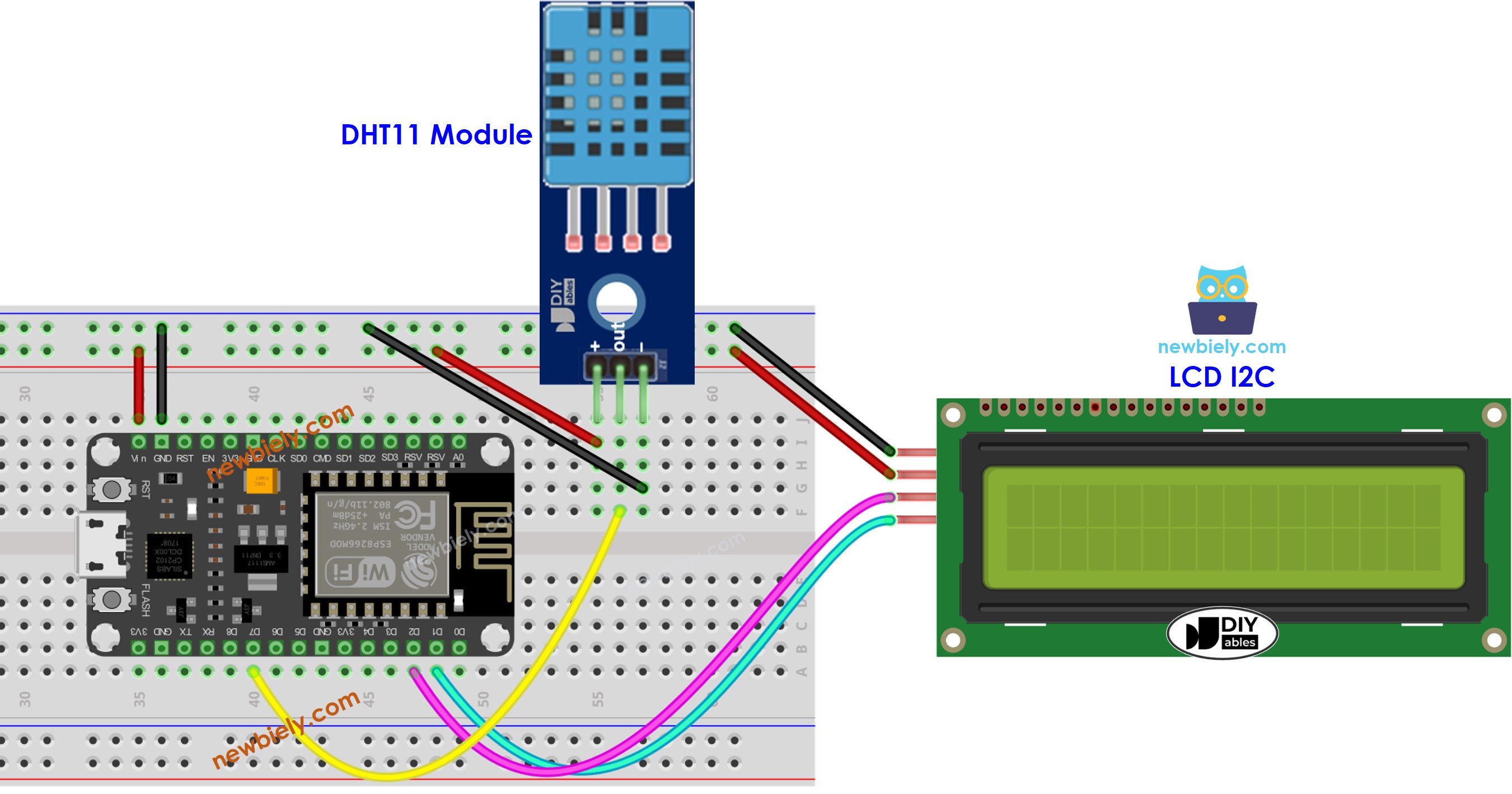 sơ đồ kết nối lcd cho ESP8266 NodeMCU và dht11 để đo nhiệt độ và độ ẩm