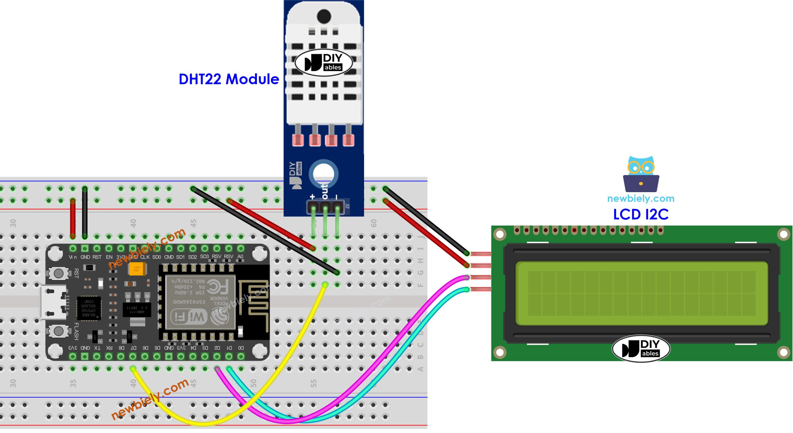 sơ đồ nối lcd cho ESP8266 NodeMCU và cảm biến dht22 đo nhiệt độ và độ ẩm
