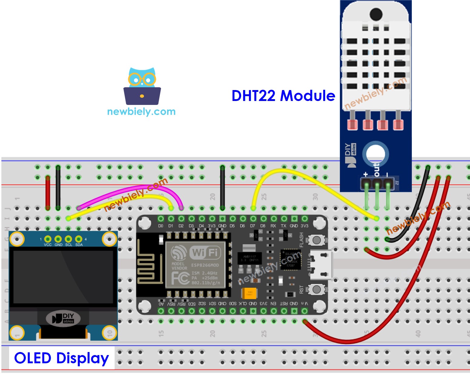 sơ đồ nối dây ESP8266 NodeMCU, cảm biến dht22 và oLED
